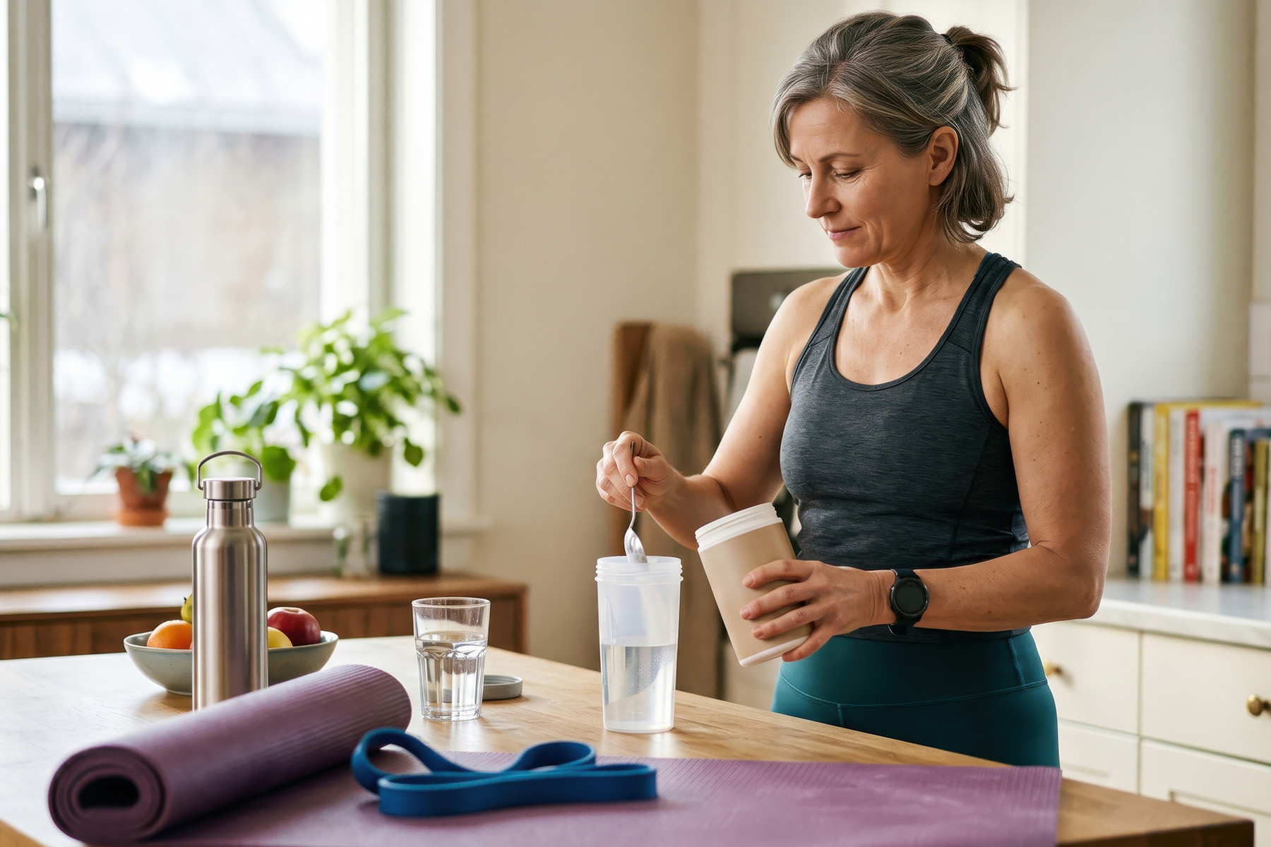 A woman preparing a wellness drink post workout