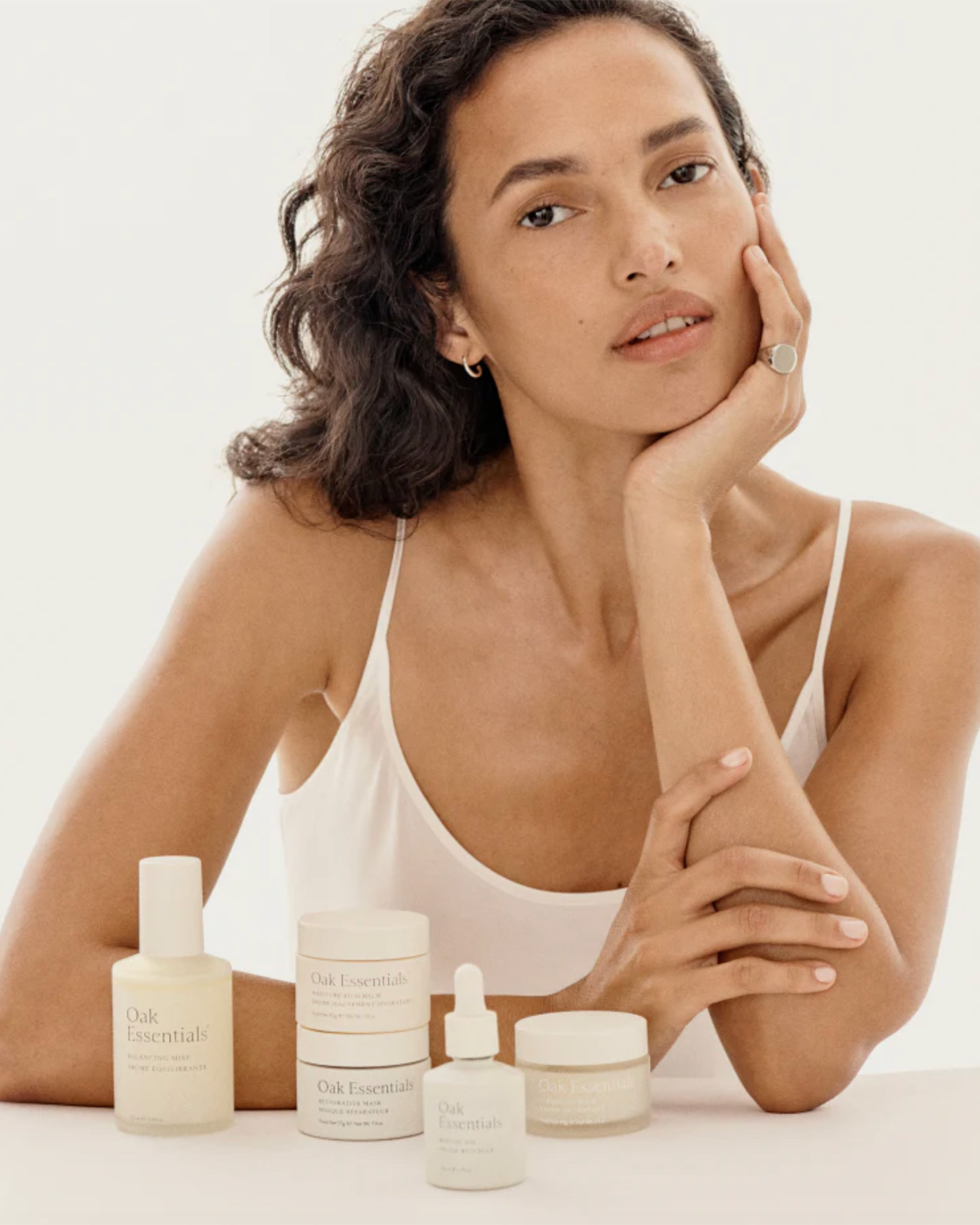 A Display of Oak Essentials Clean Skincare Products