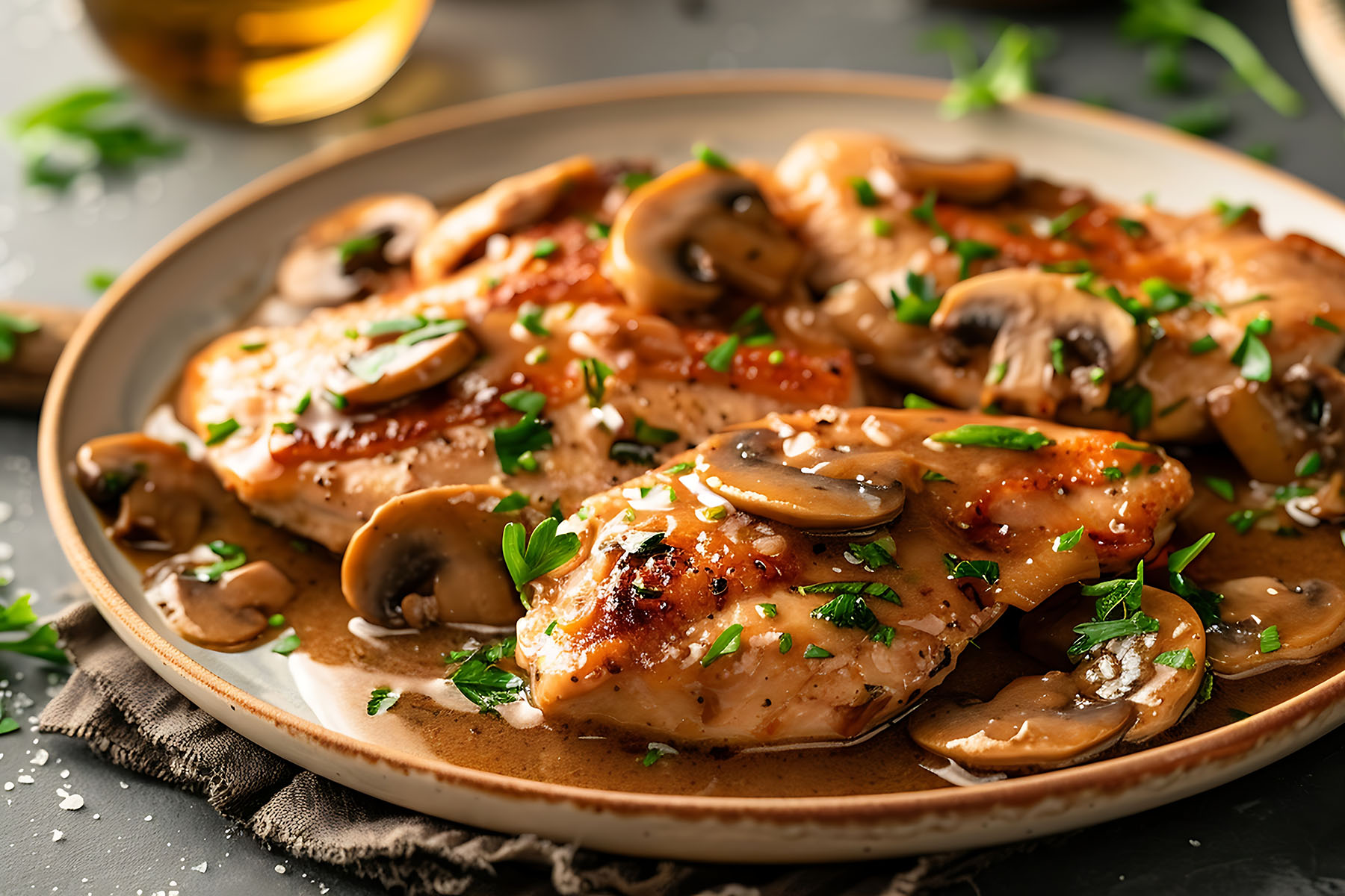 Pan-seared chicken with a rich mushroom Marsala sauce