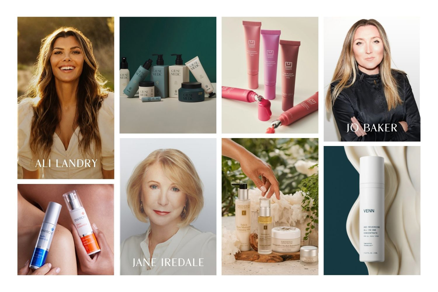 A collage of beauty products and beauty experts 