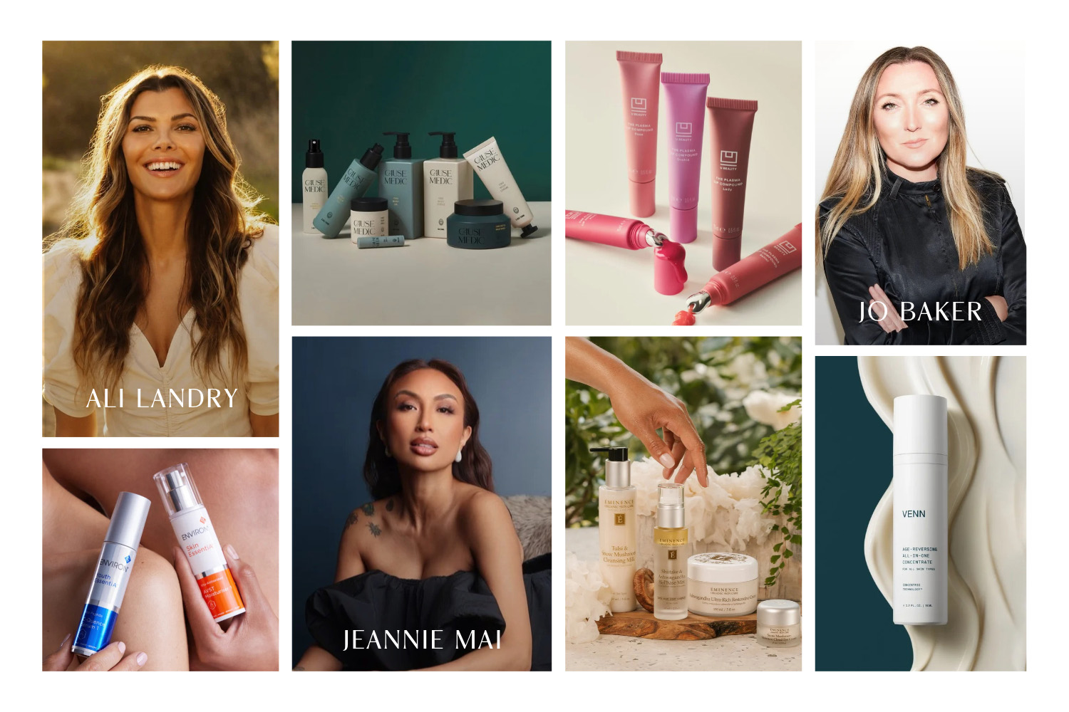 A collage of beauty products and beauty experts 