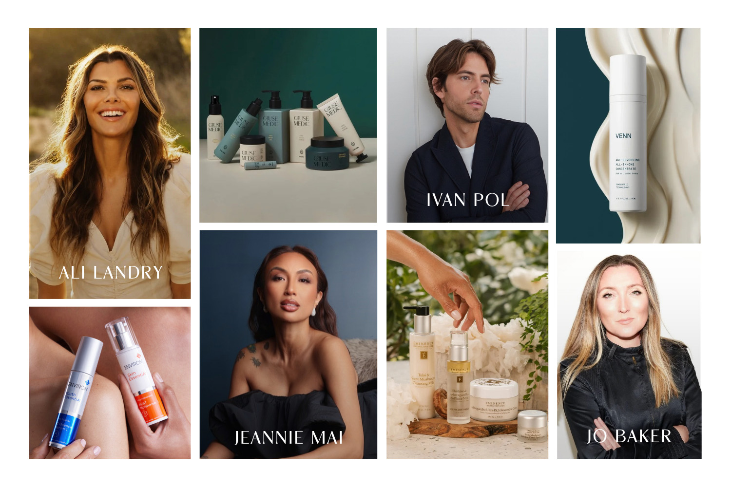 A collage of beauty products and beauty experts 