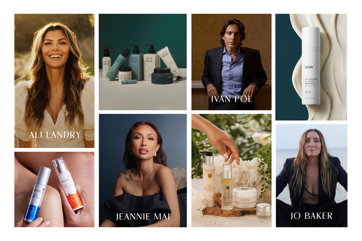 A collage of beauty products and beauty experts 