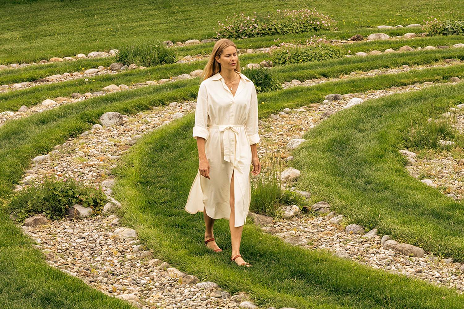 Woman Walking the Labyrinth at Canyon Ranch Lenox in Spring Time 