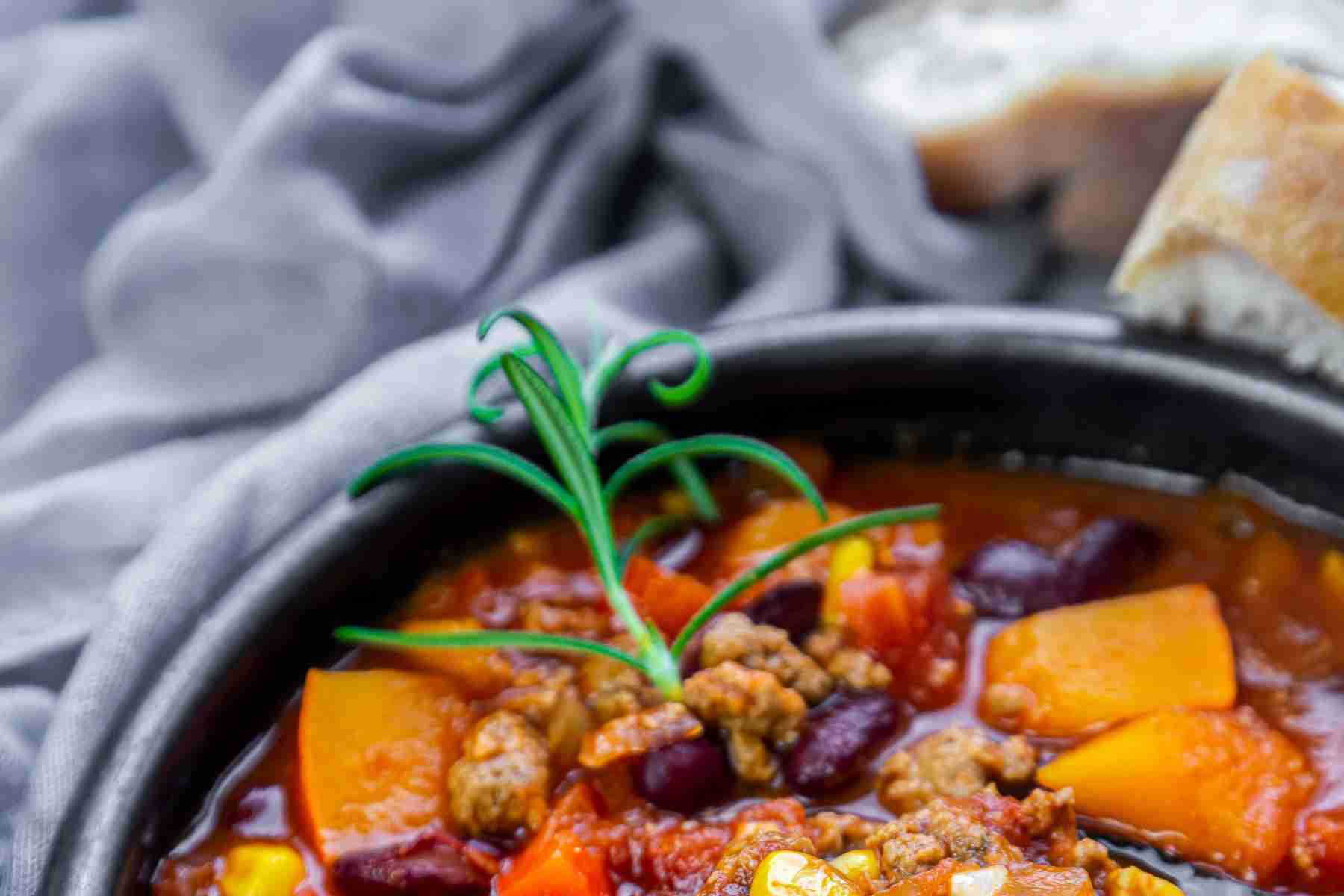 Close-up of a bowl of turkey chili.