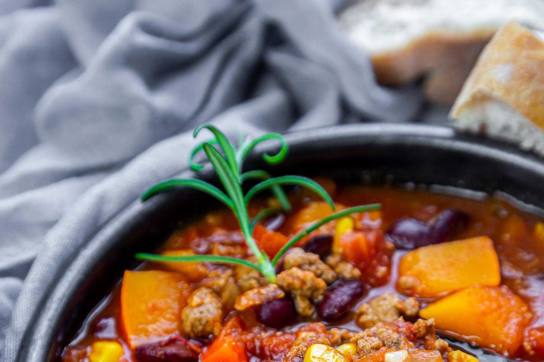 Close-up of a bowl of turkey chili.