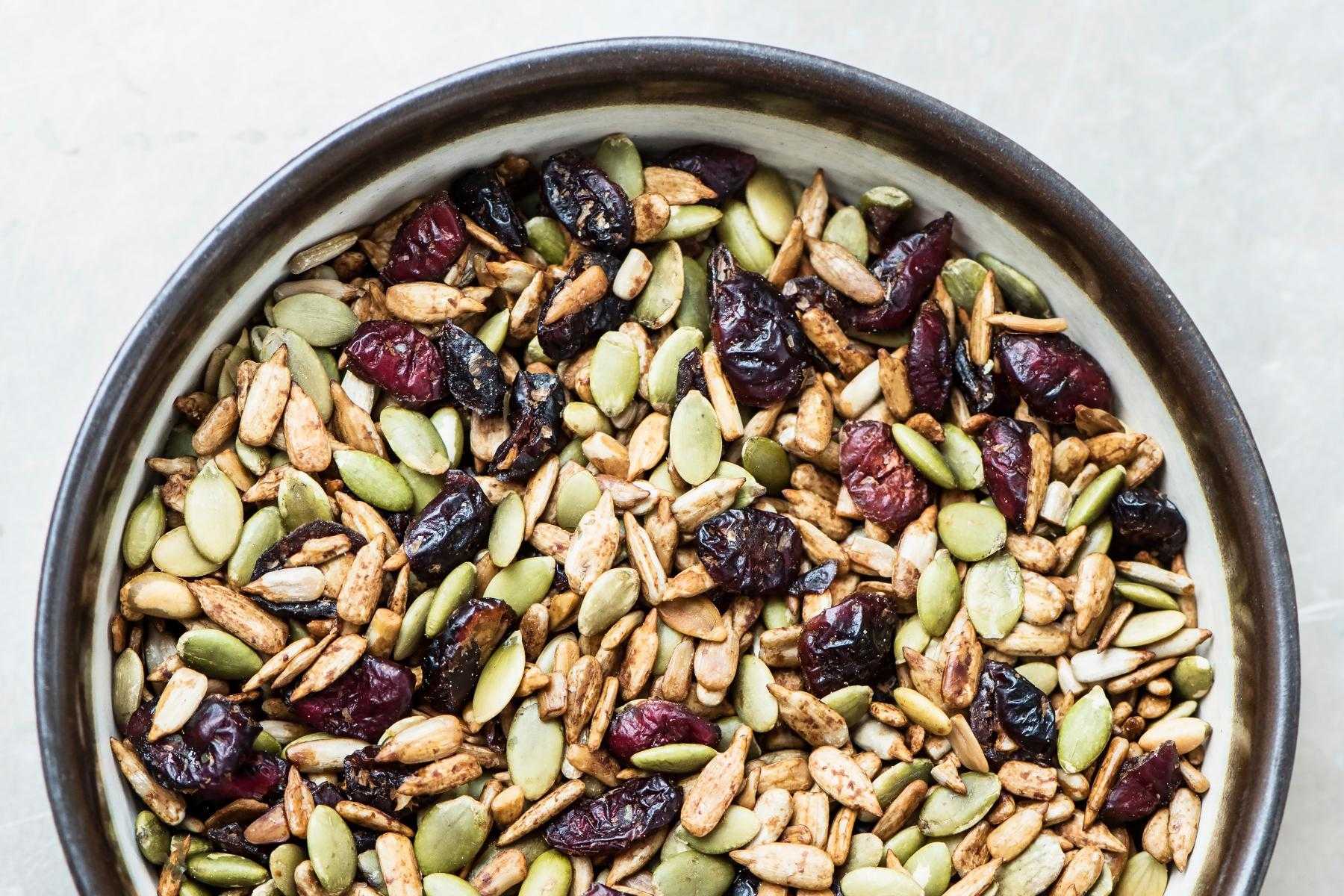 Overhead view of pumpkin crunch in bowl.