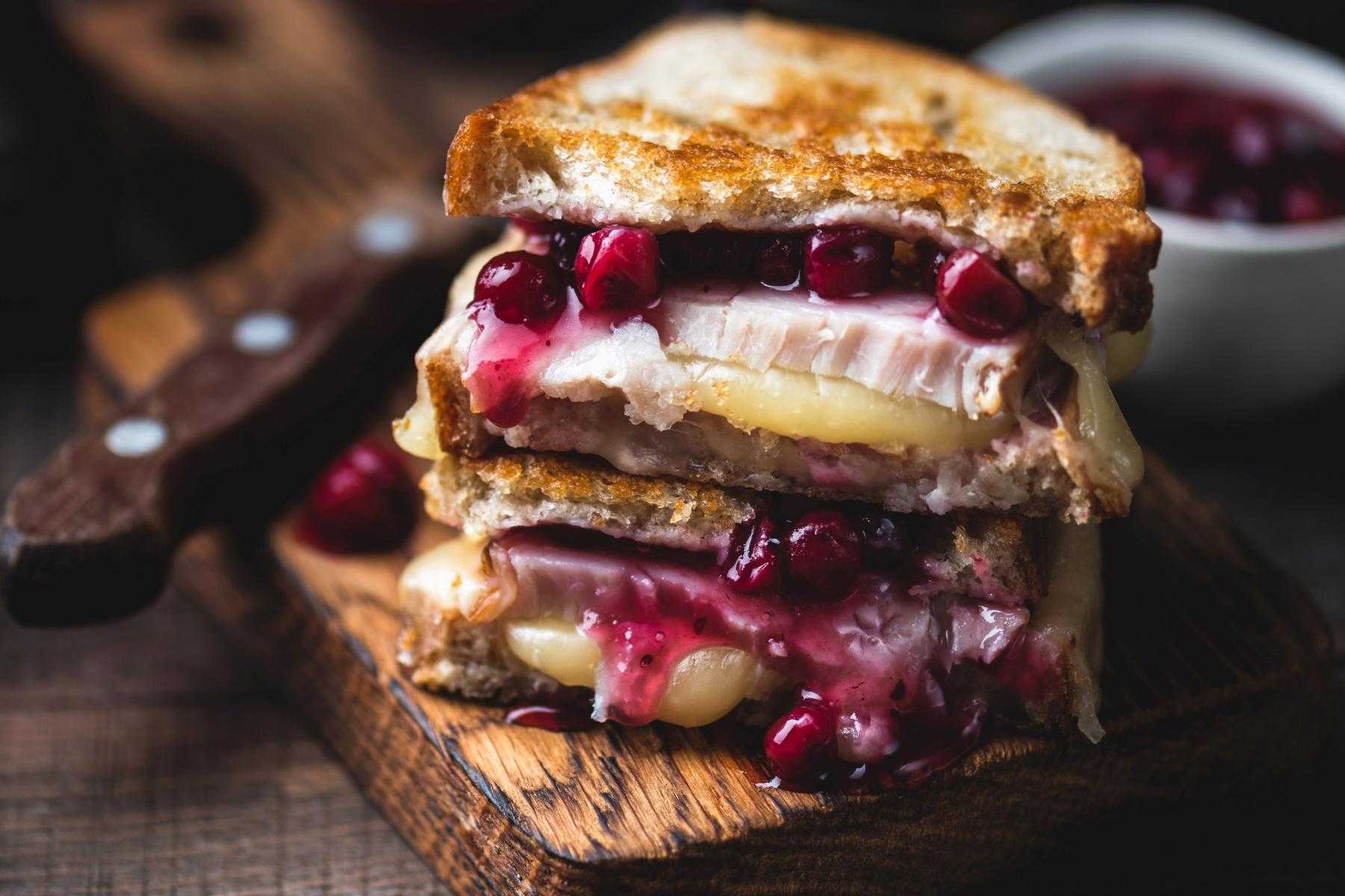 Close-up of a turkey monte cristo sandwich.