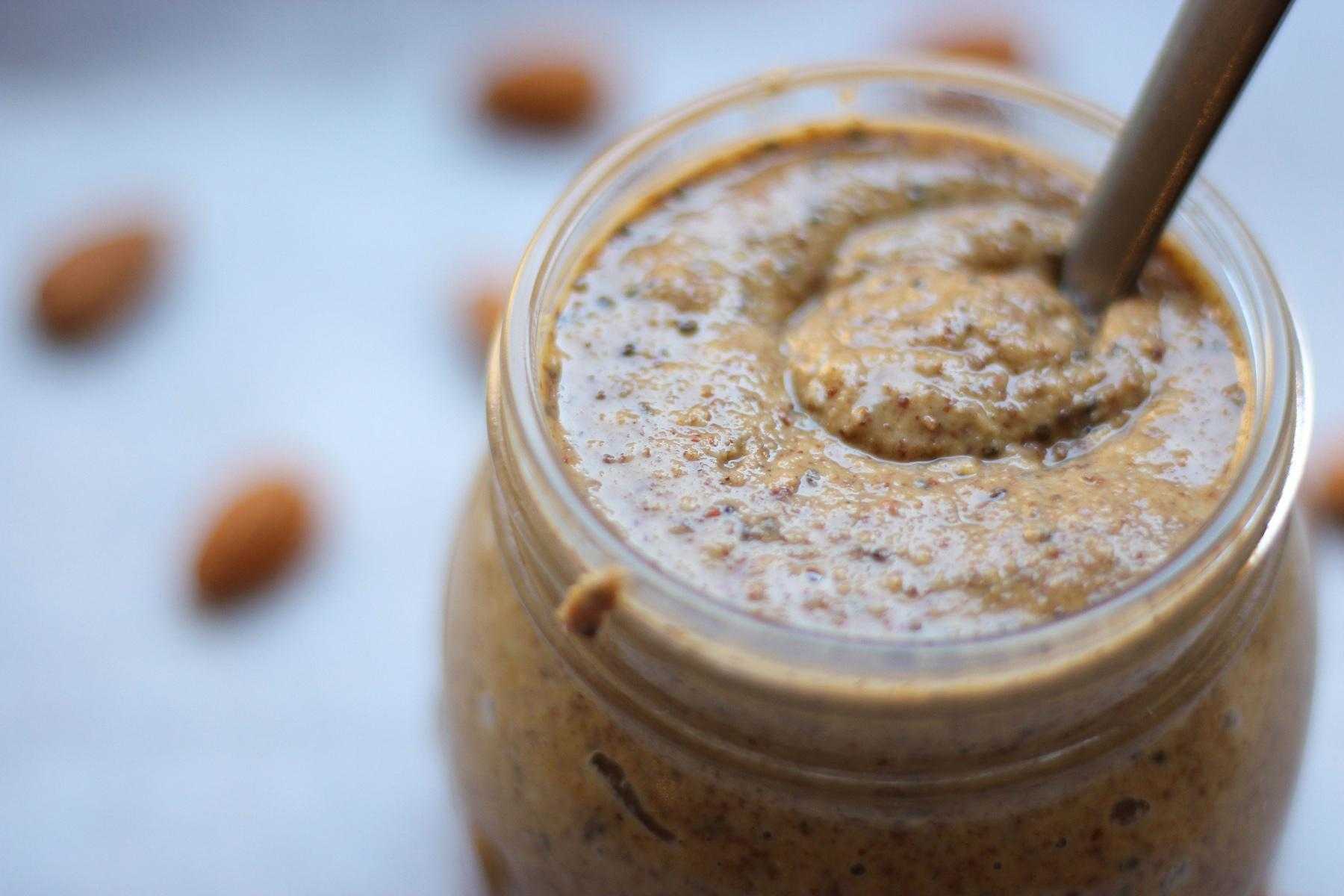 Close-up of jar of almond butter.