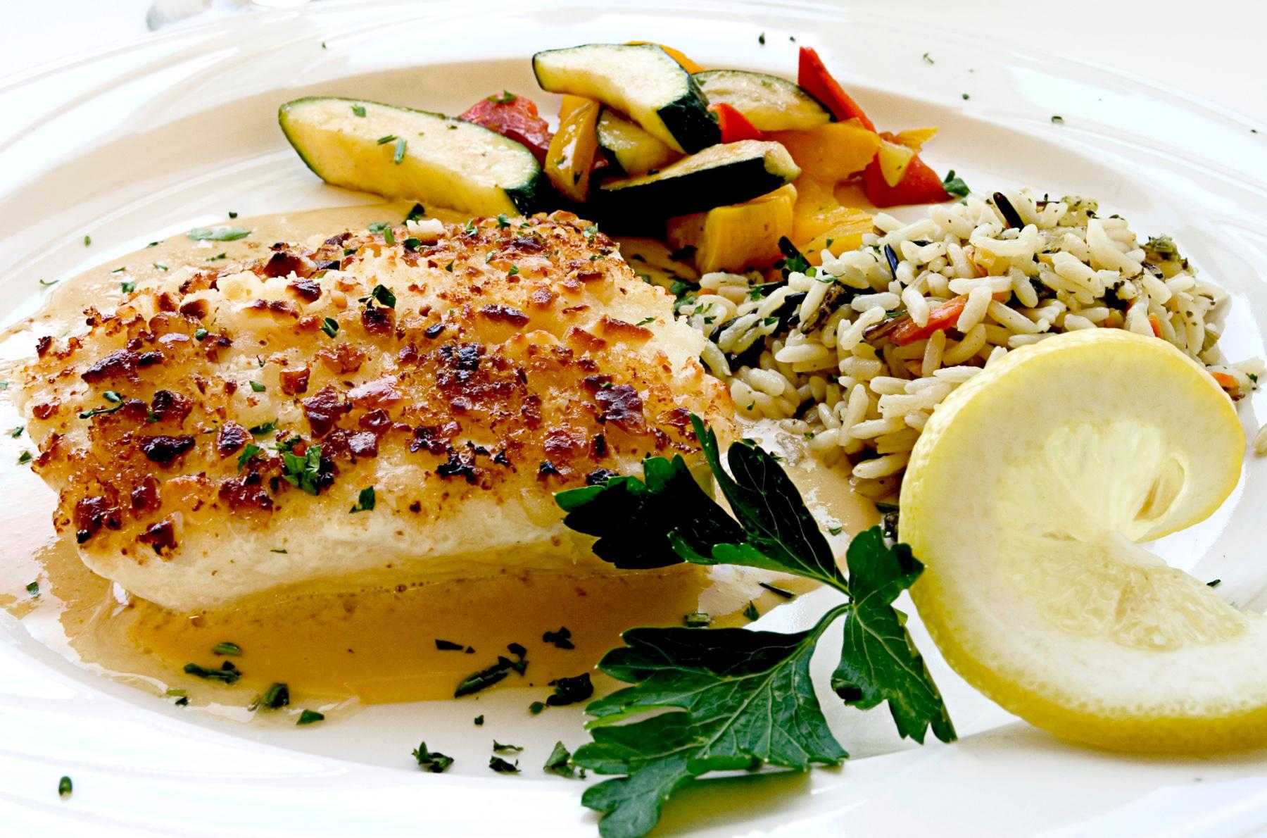 Spice-crusted halibut on plate.
