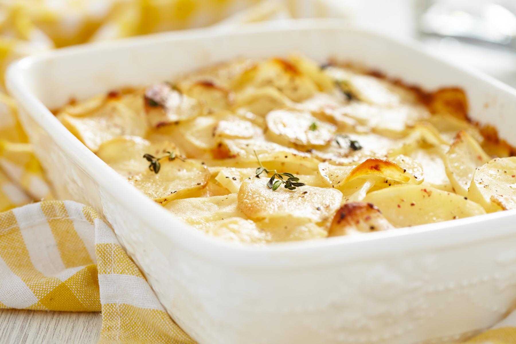 Casserole dish of scalloped potatoes.