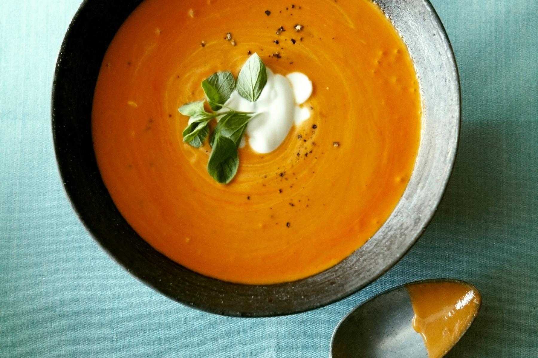 A bowl of roasted tomato gazpacho.