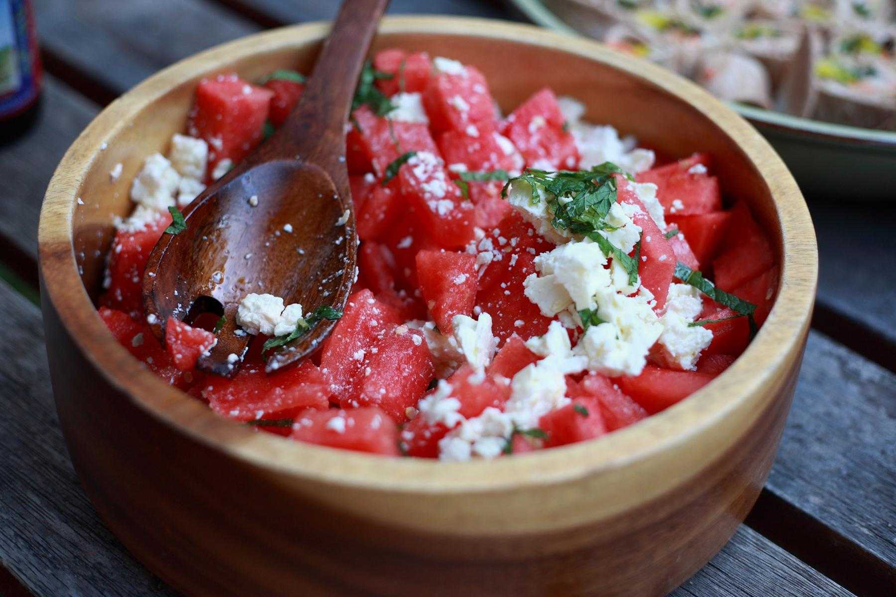 Bowl of watermelon and feta.