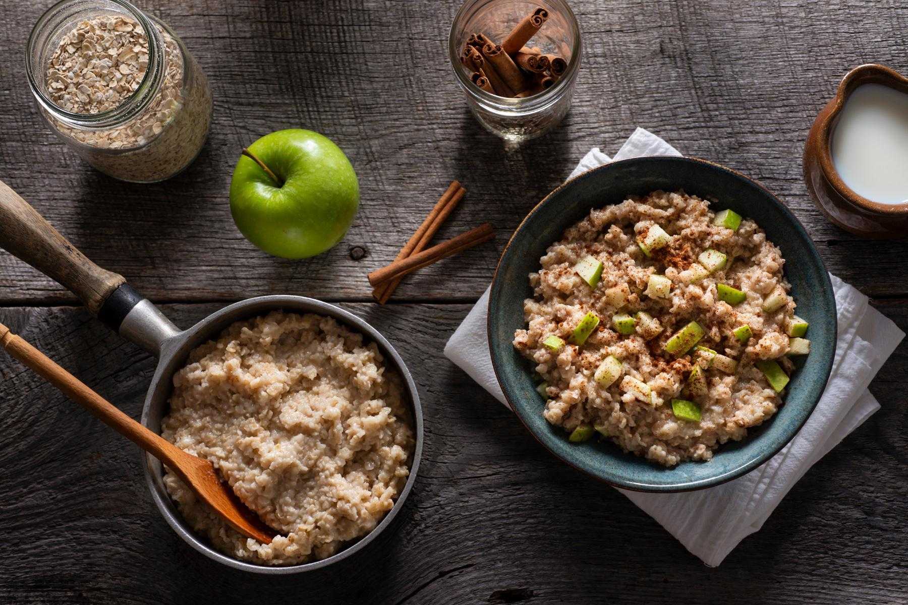 Overhead view of a bowl of apple cinnamon oatmeal.