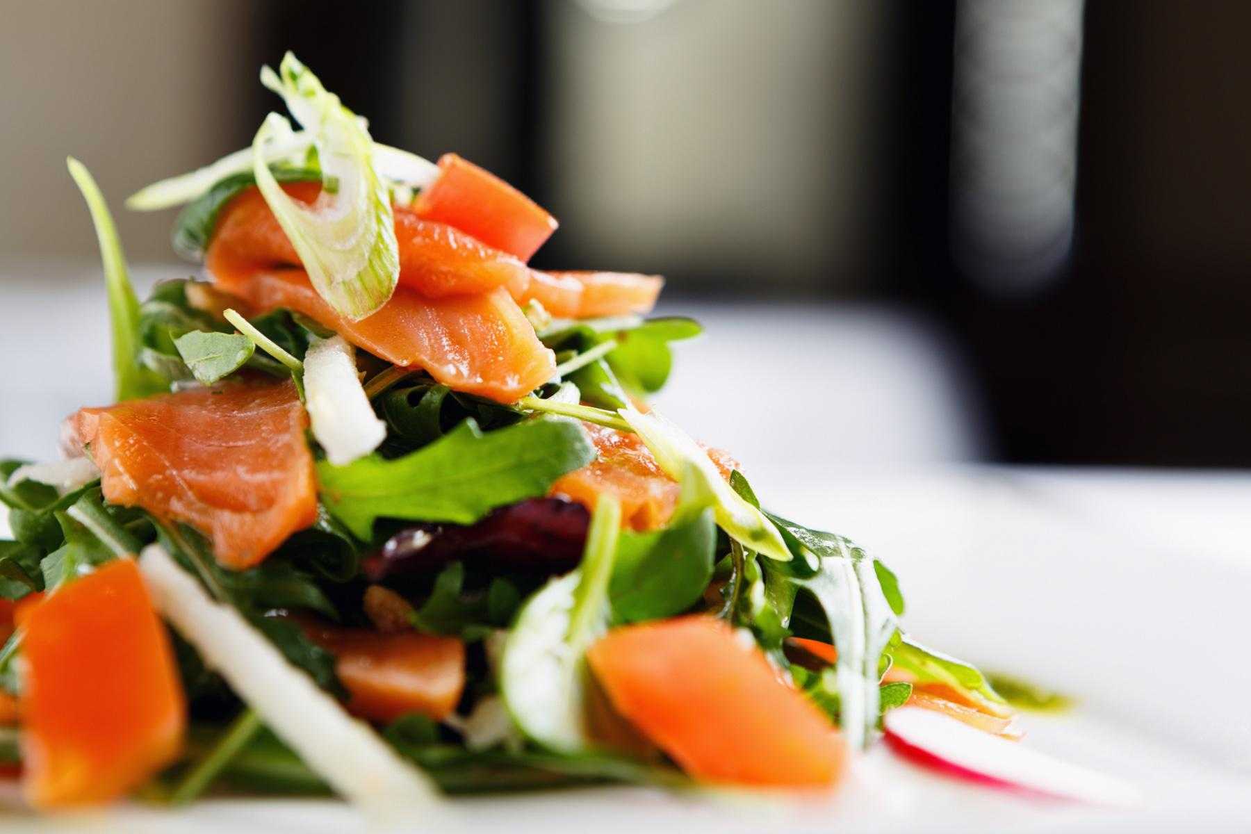 Close-up of smoked salmon salad.
