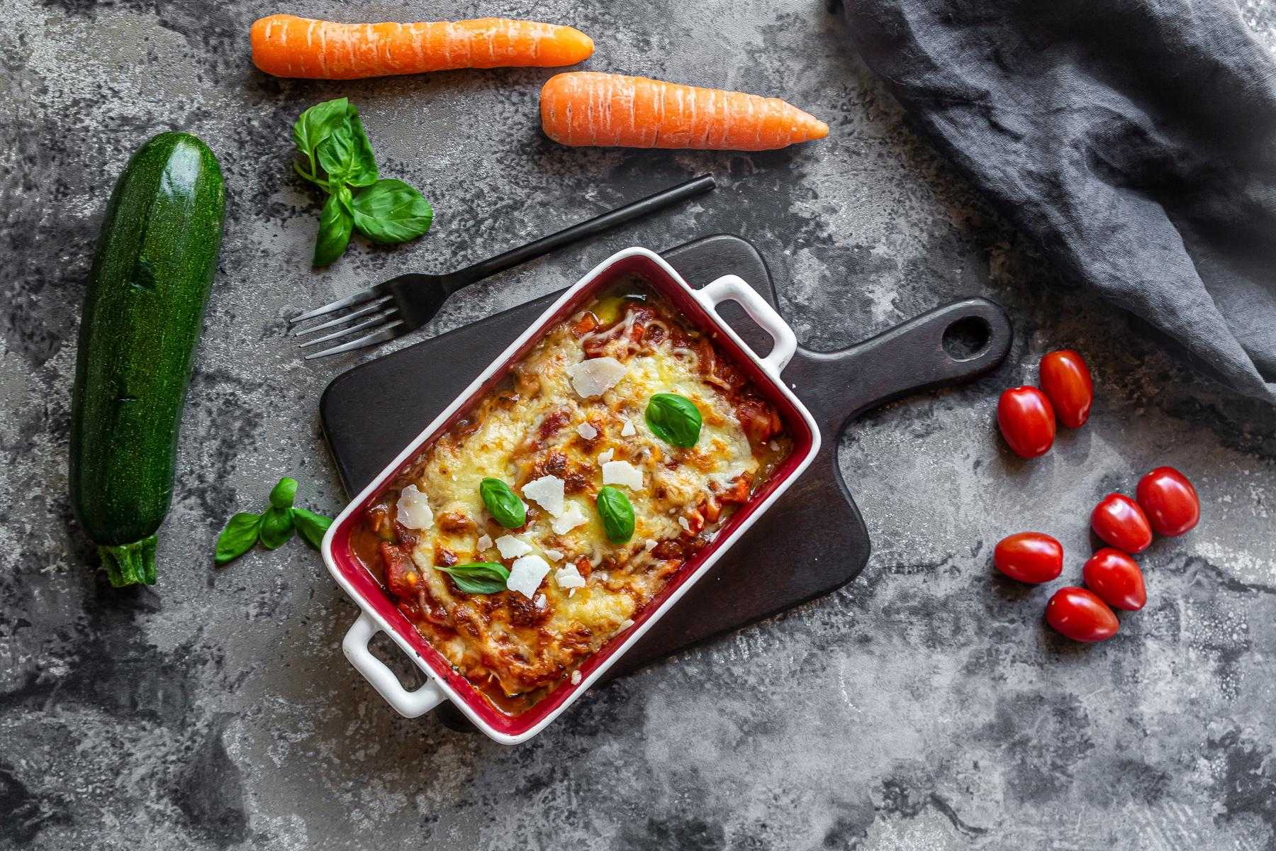 Overhead view pan of vegetable lasagna.