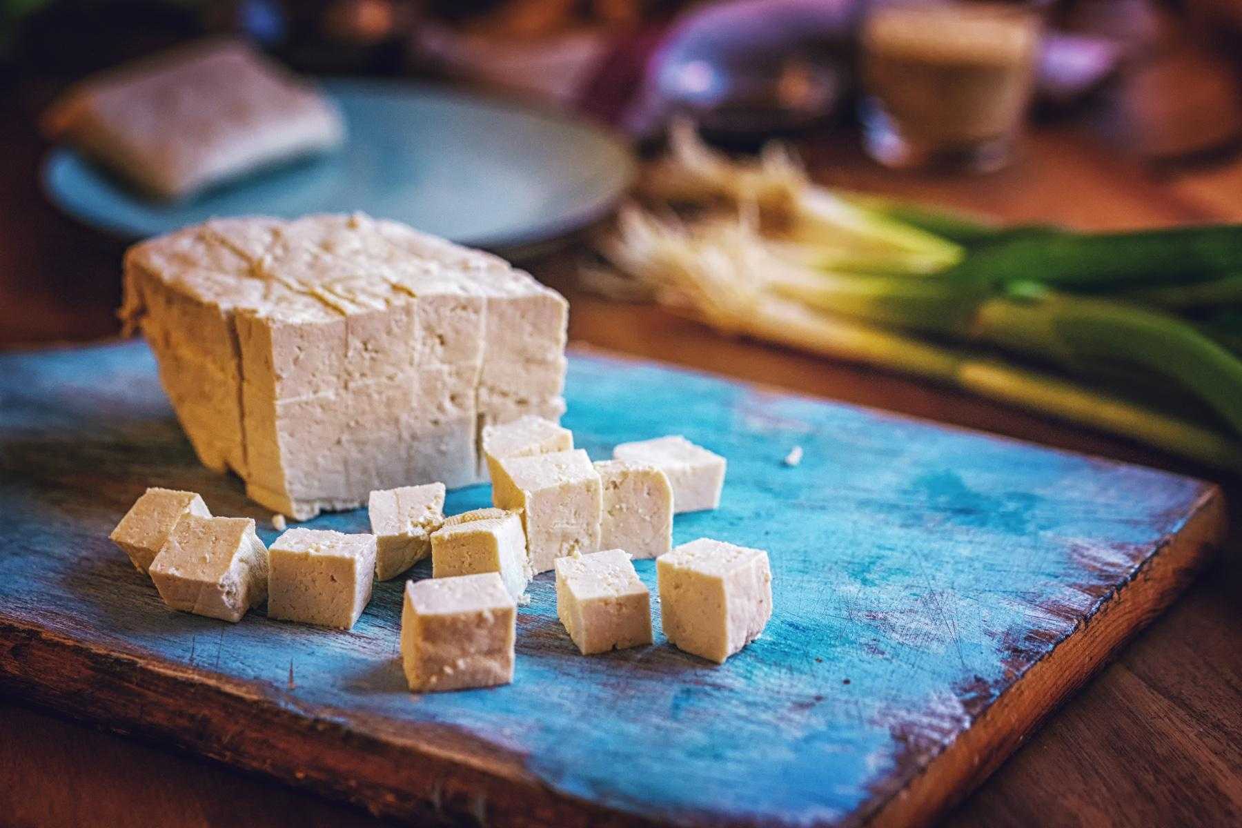 Chopped cubes of tofu.