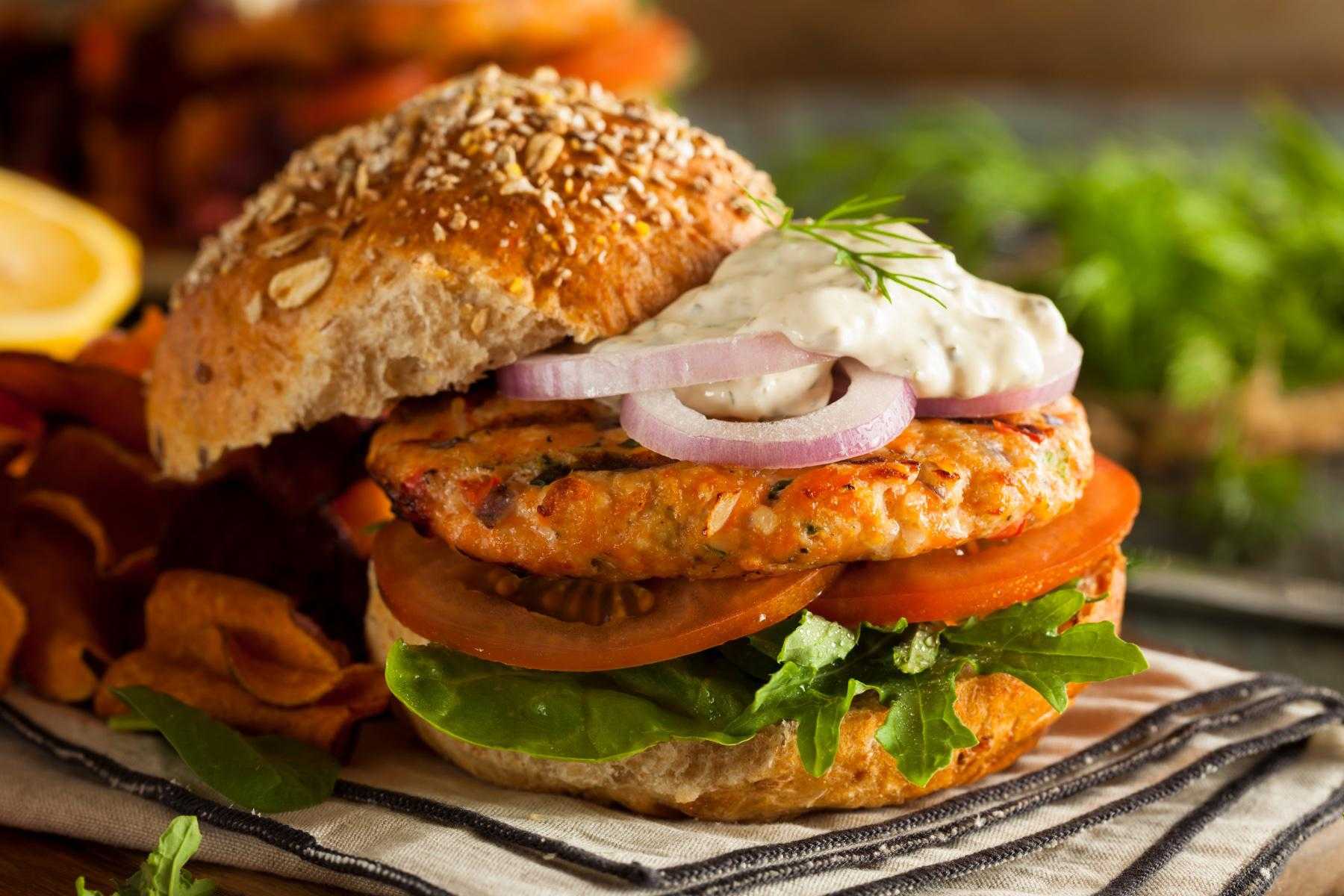 Close-up of salmon burger.