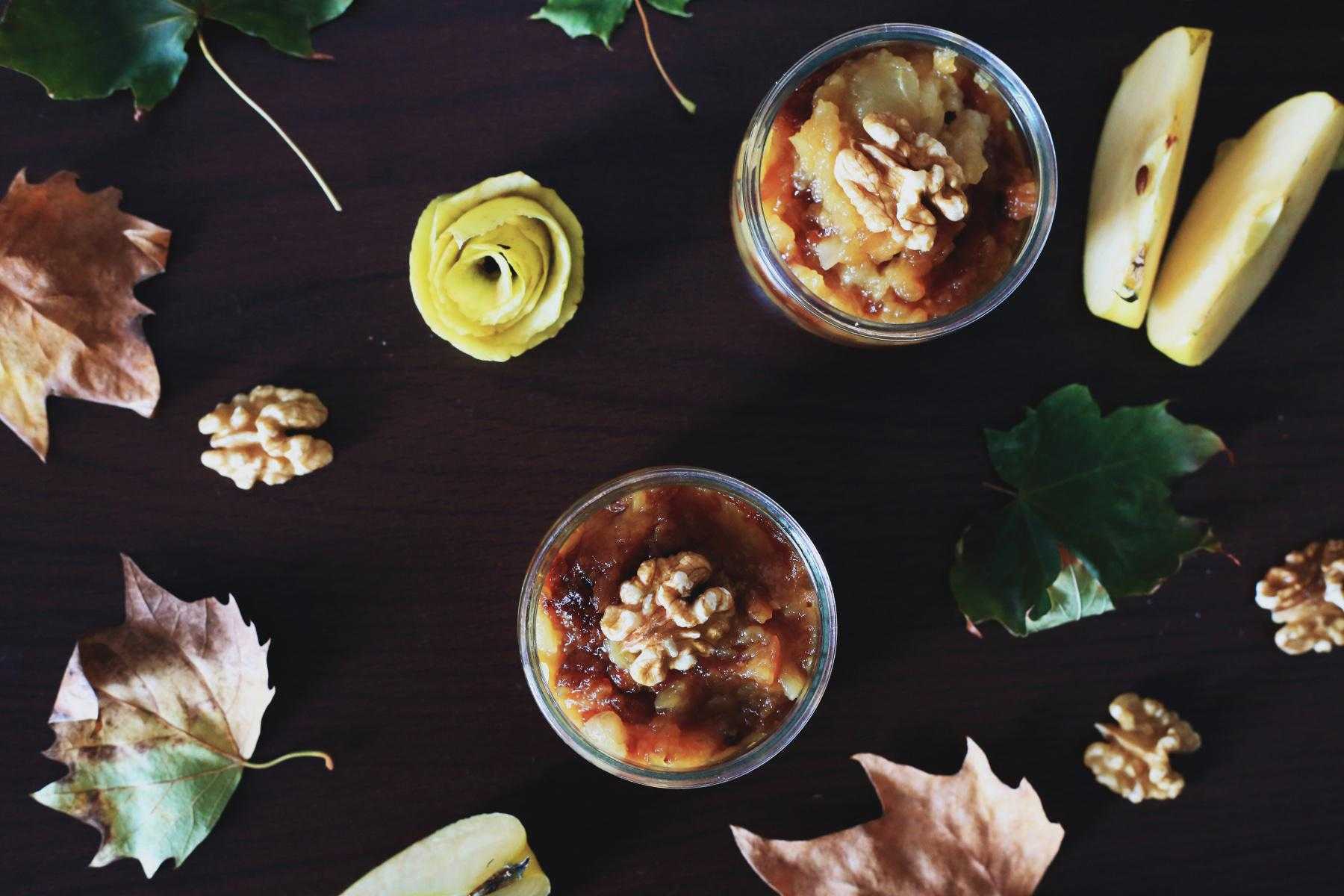 Overhead view of ingredients to make apple compote.