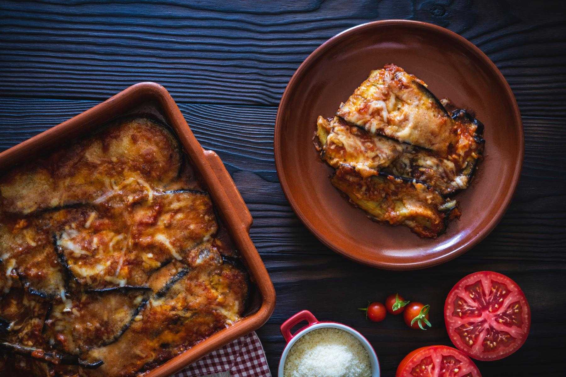 Two plates of moussaka.