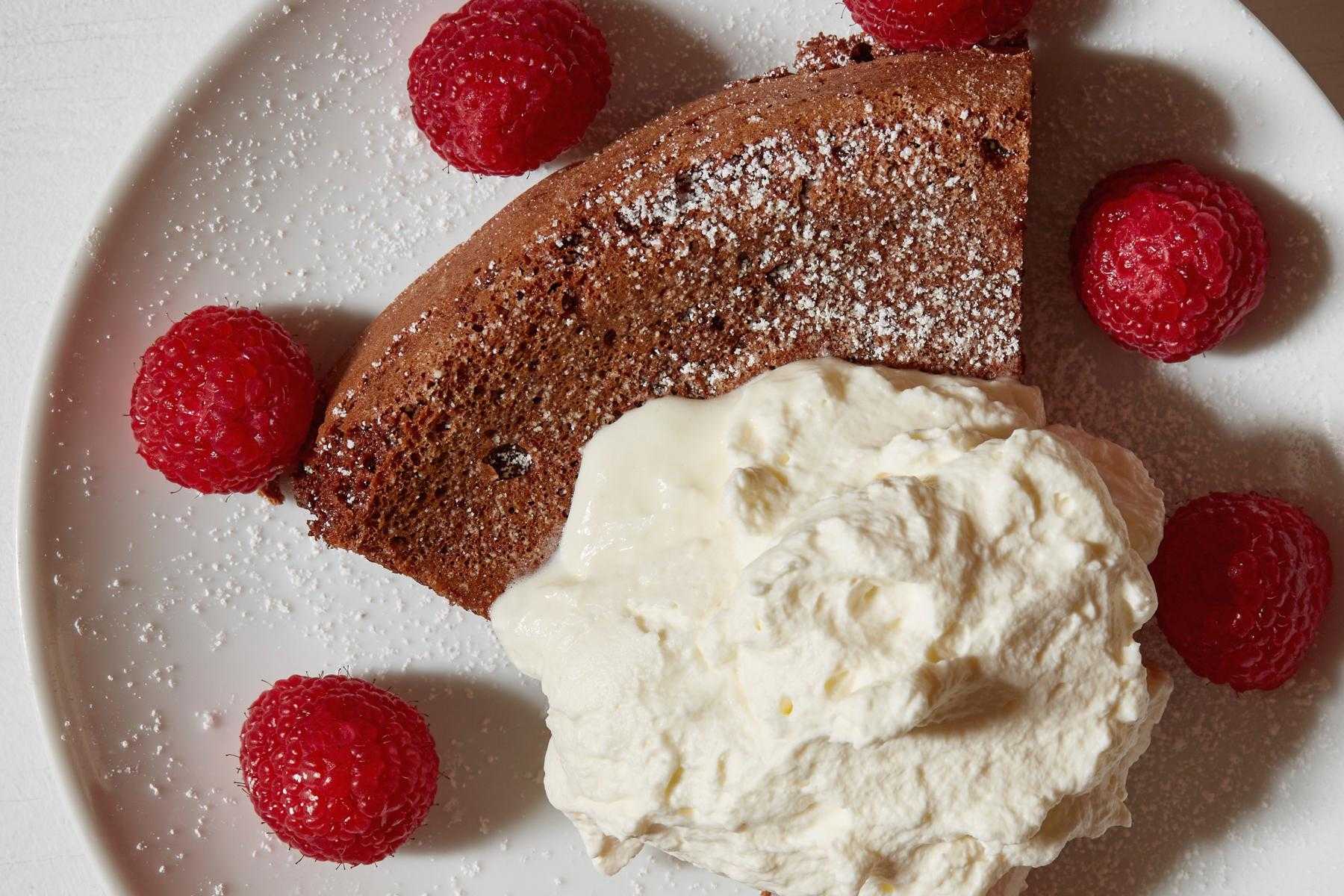 A plate of raspberry chocolate angel food cake.