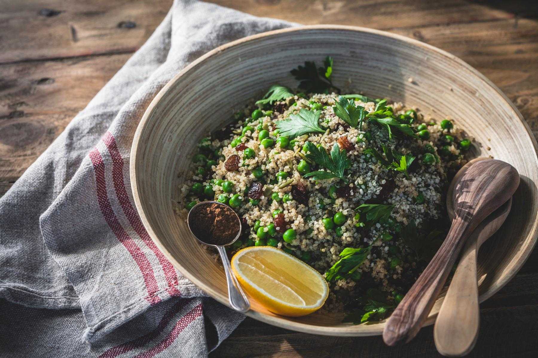 Overhead view of a bowl of quinoa.