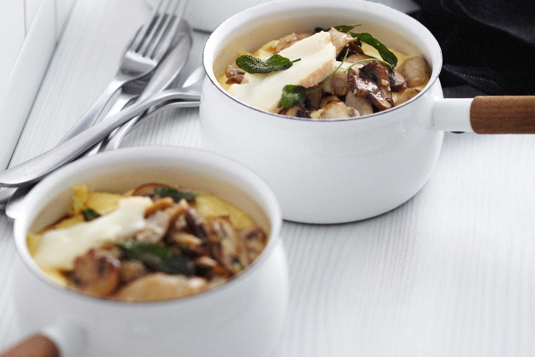 Two ramekins with porcini mushrooms.
