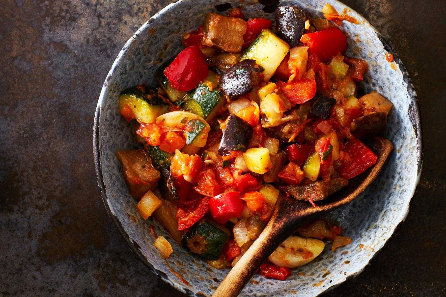Overhead view of a bowl of ratatouille.