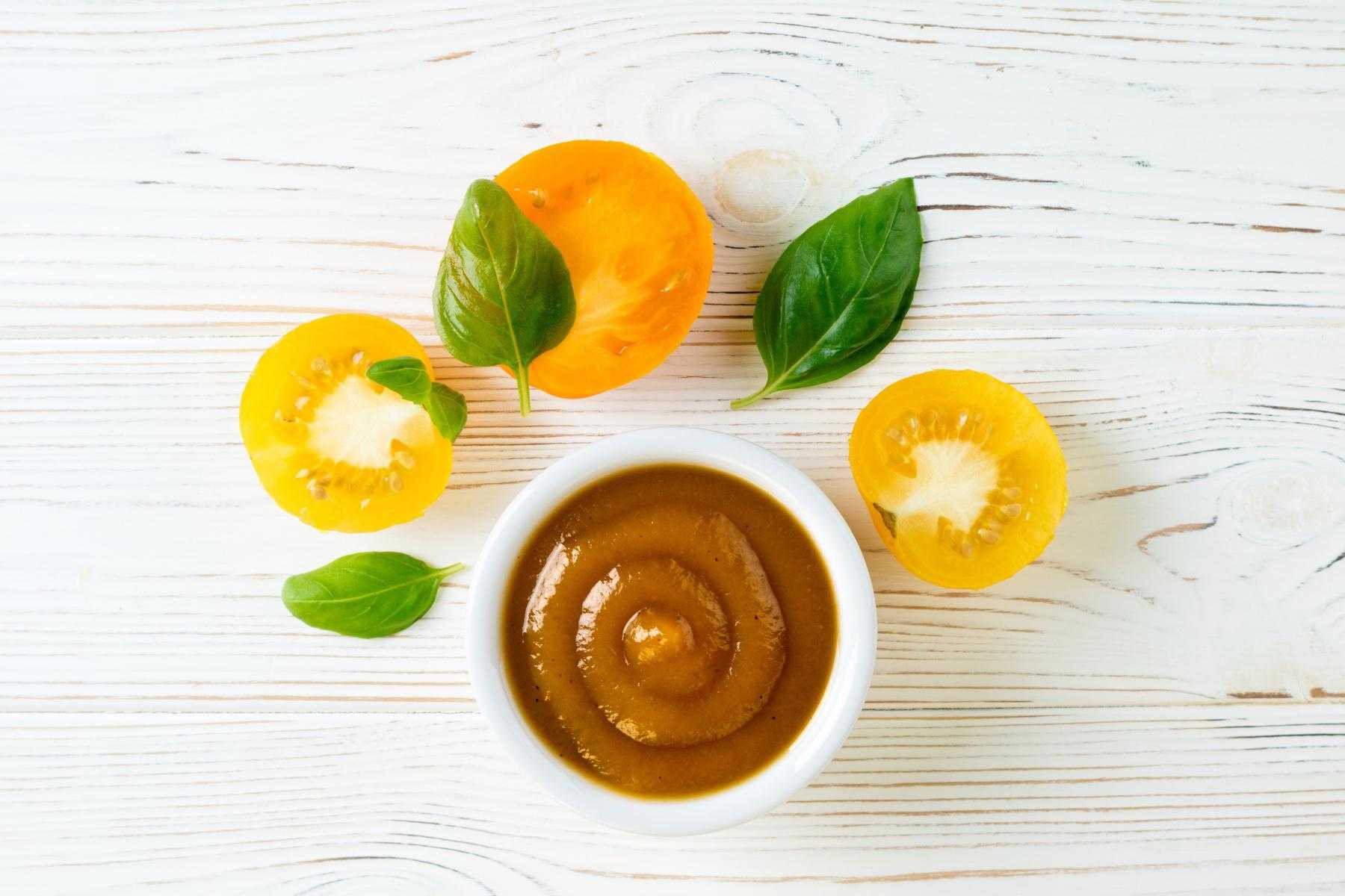 Overhead view of roasted portobello and tomato puree.