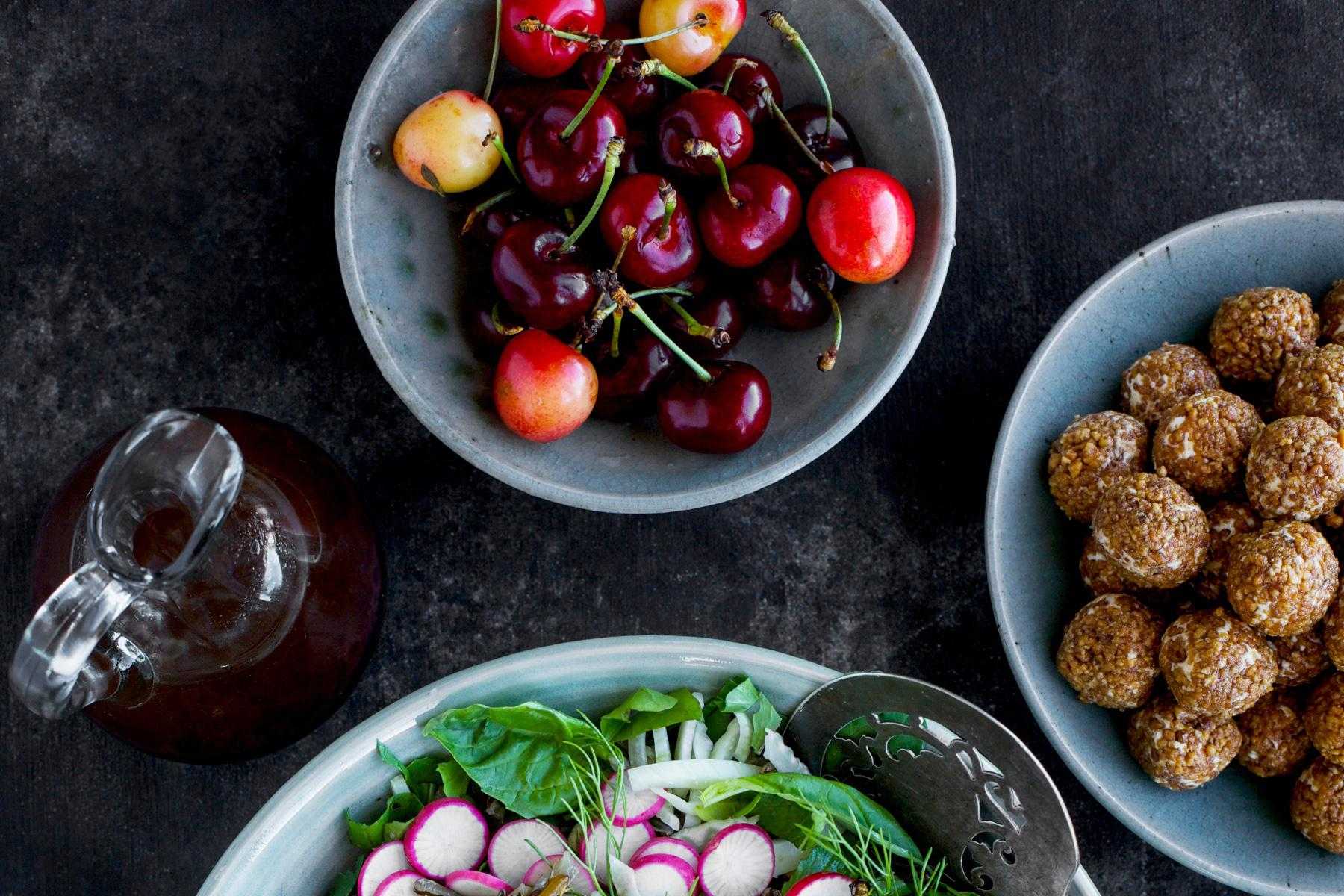 Overhead view of salad ingredients.