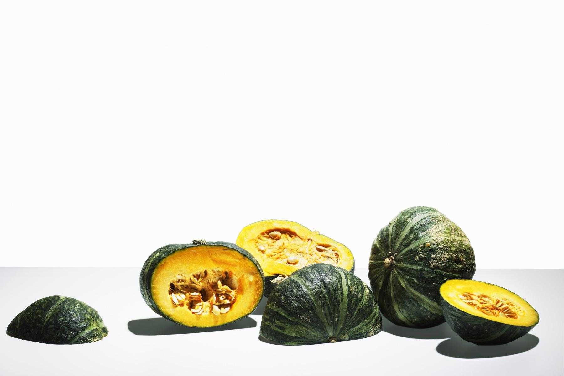 Kabocha squash cut in half.