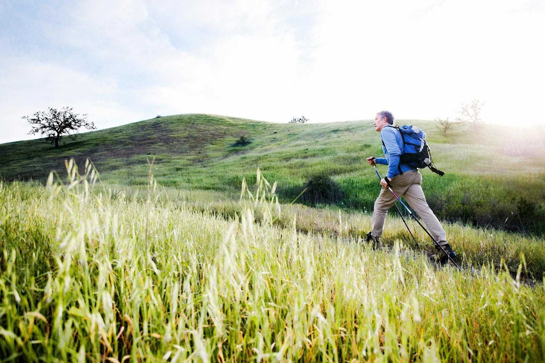 A man hiking through a bucolic trail.