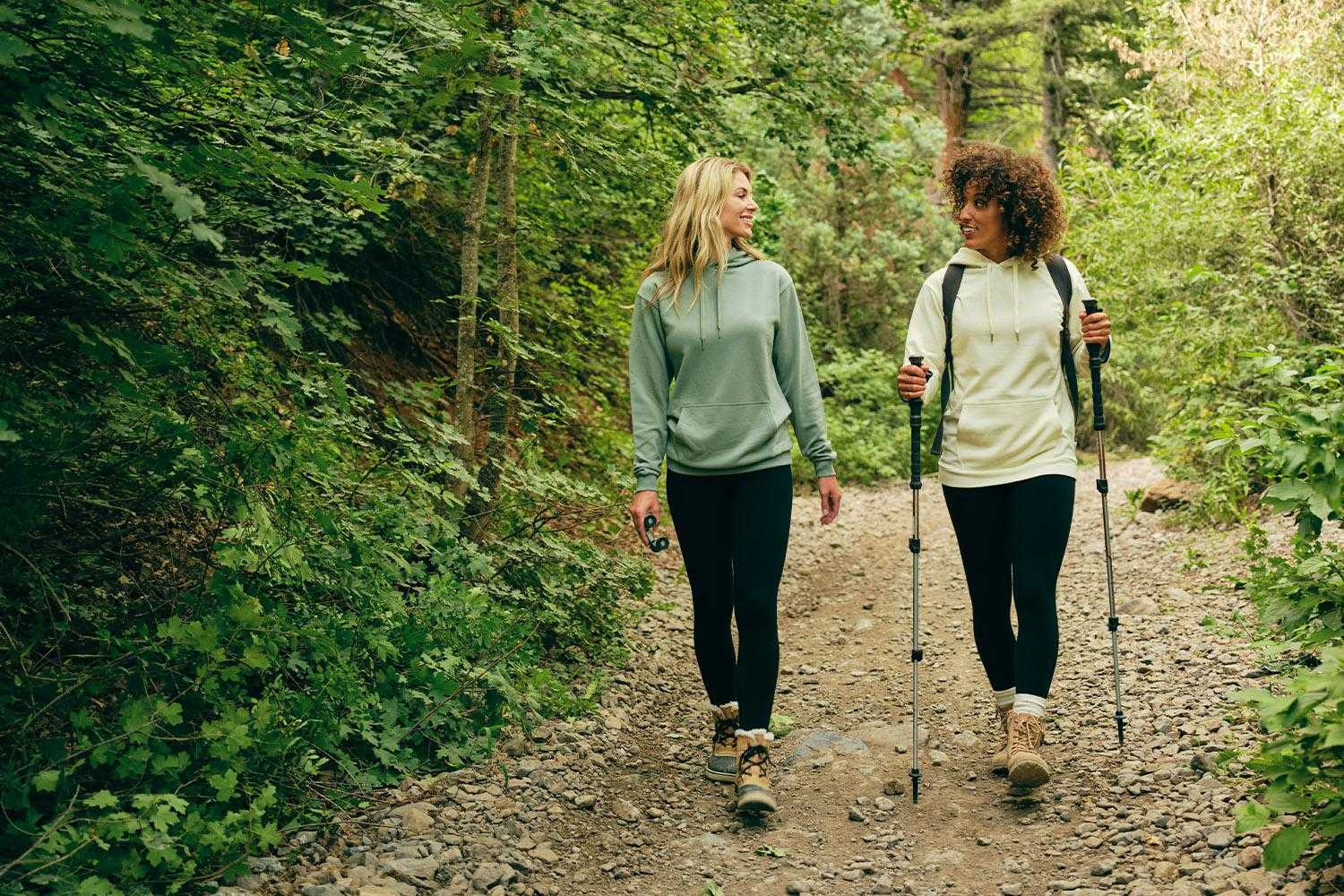 two best friends hiking in the forest
