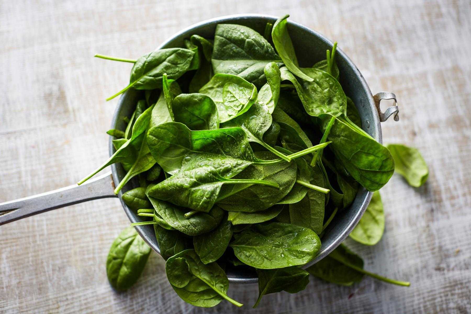 Overhead view of a bowl of spinach.