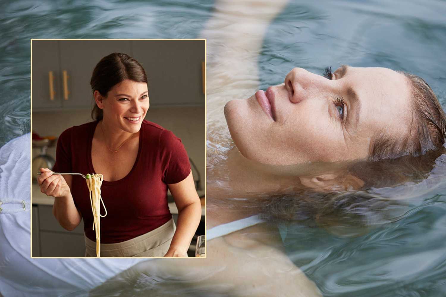 An image of Gail Simmons over an image of a woman in the water