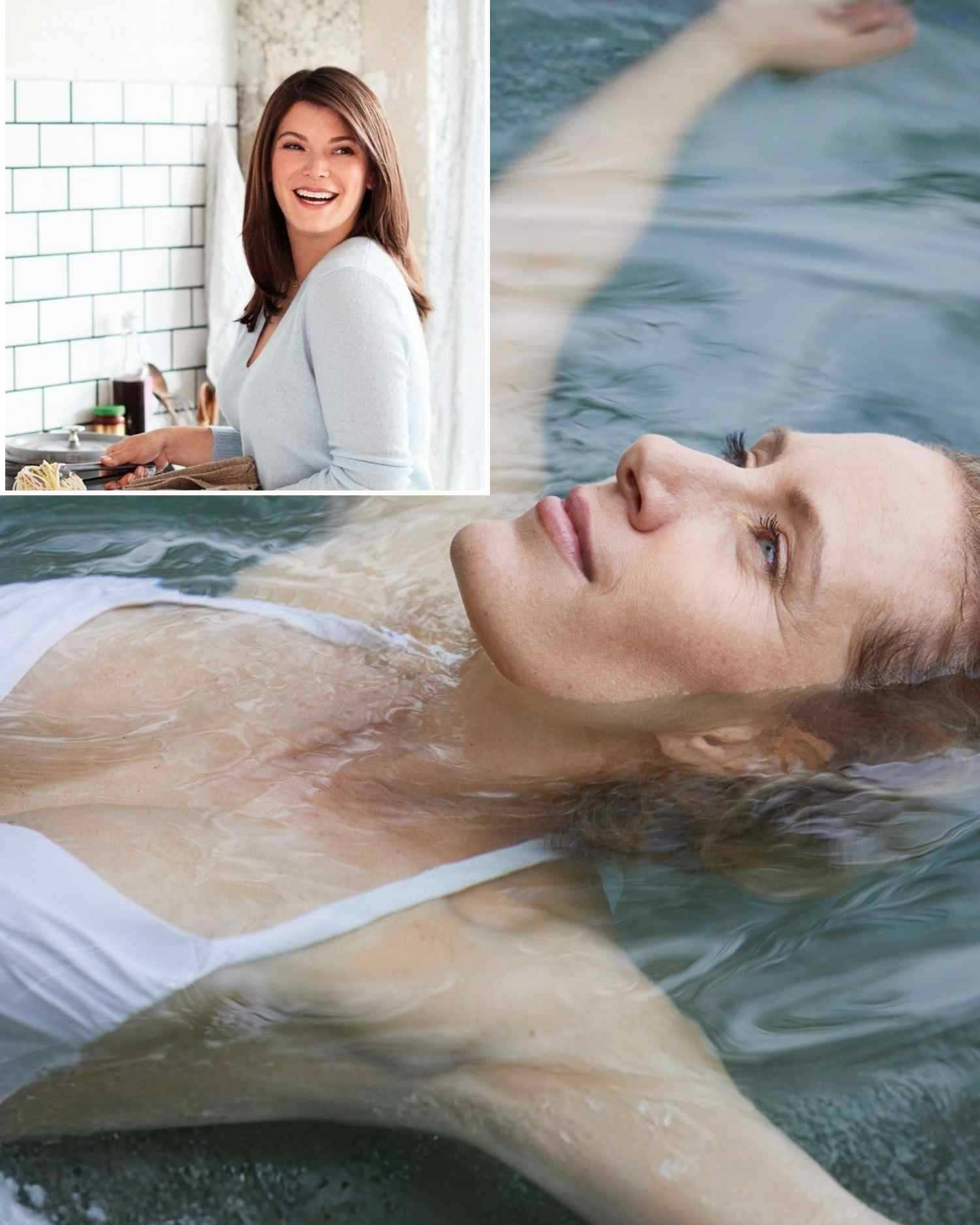 An image of Gail Simmons over an image of a woman in the water