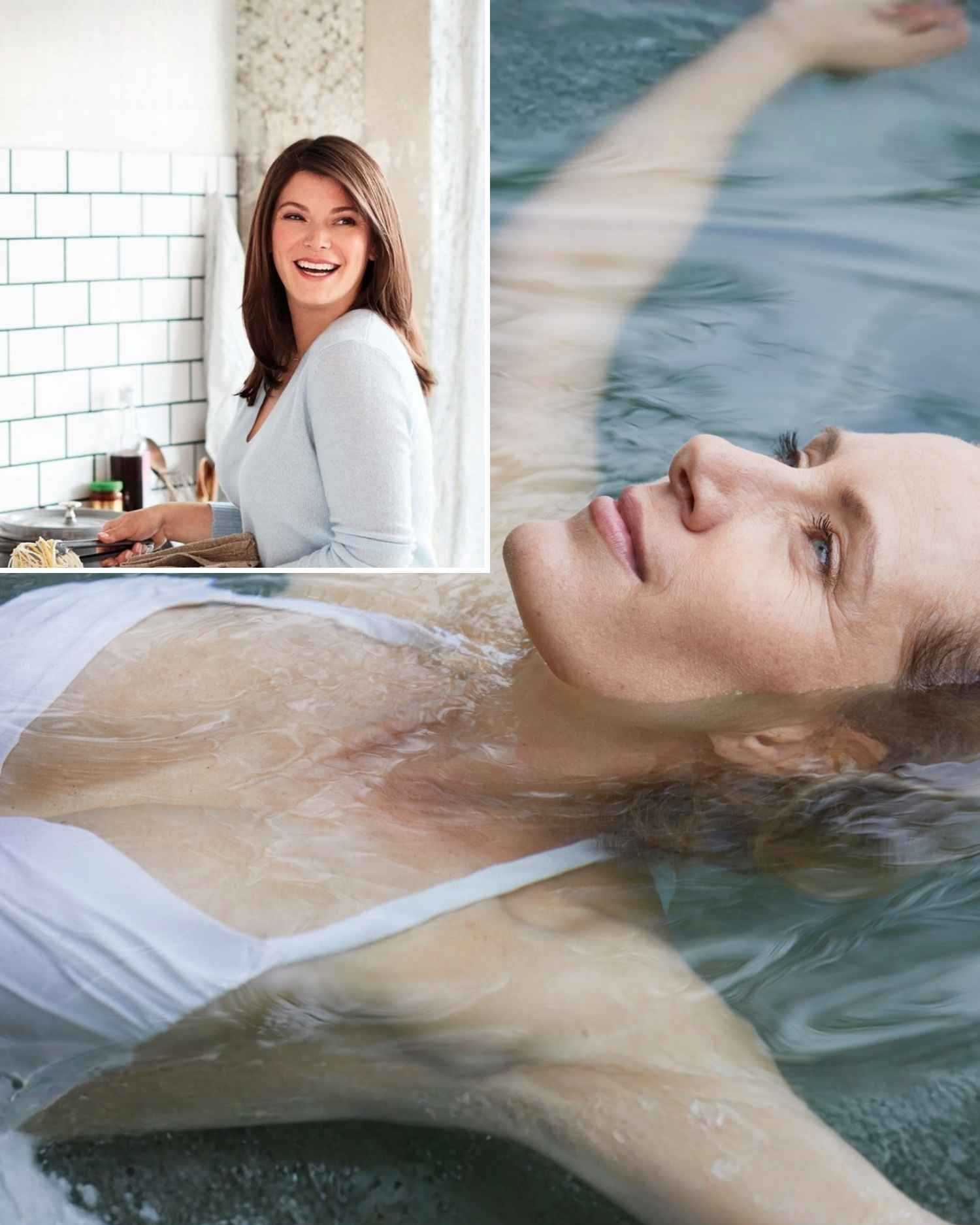 An image of Gail Simmons over an image of a woman in the water