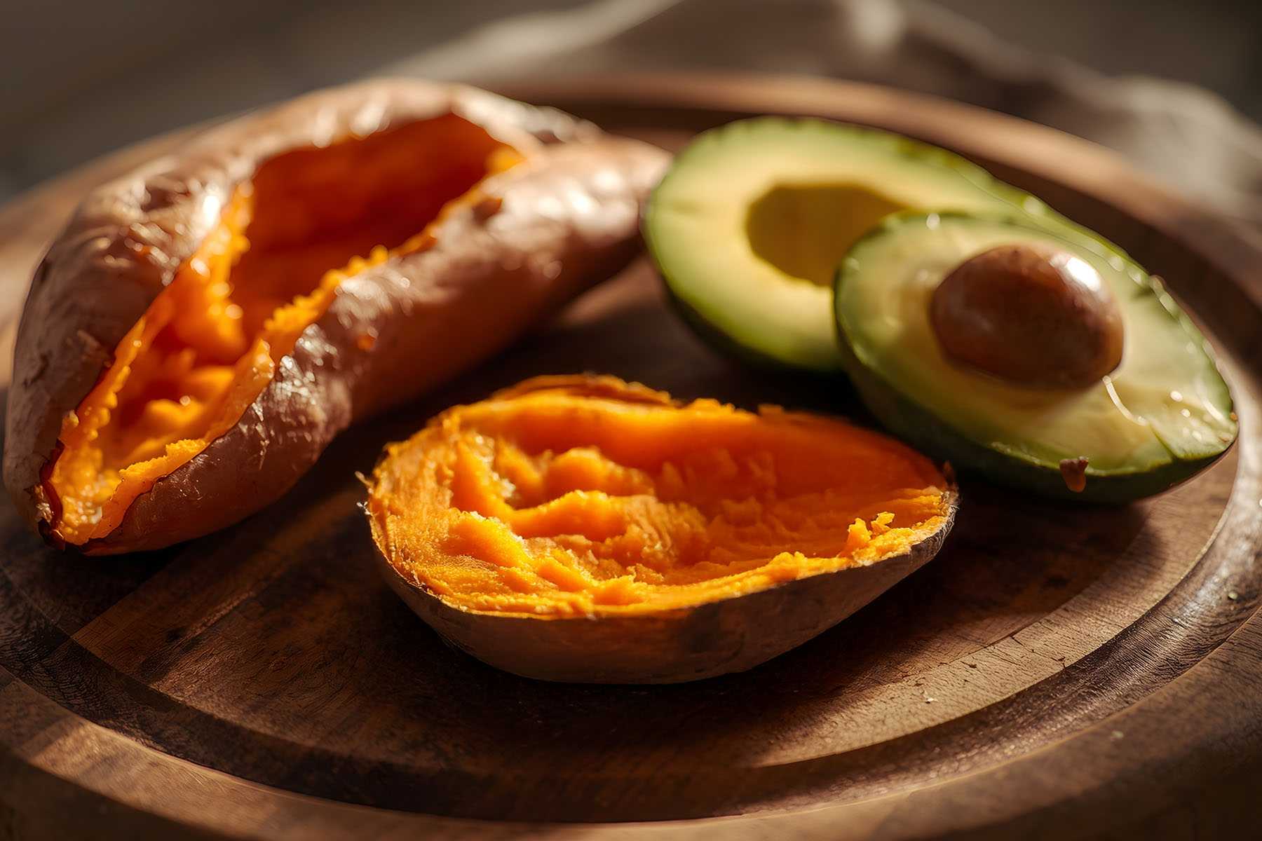 open Sweet Potato & Avocado on a wooden board