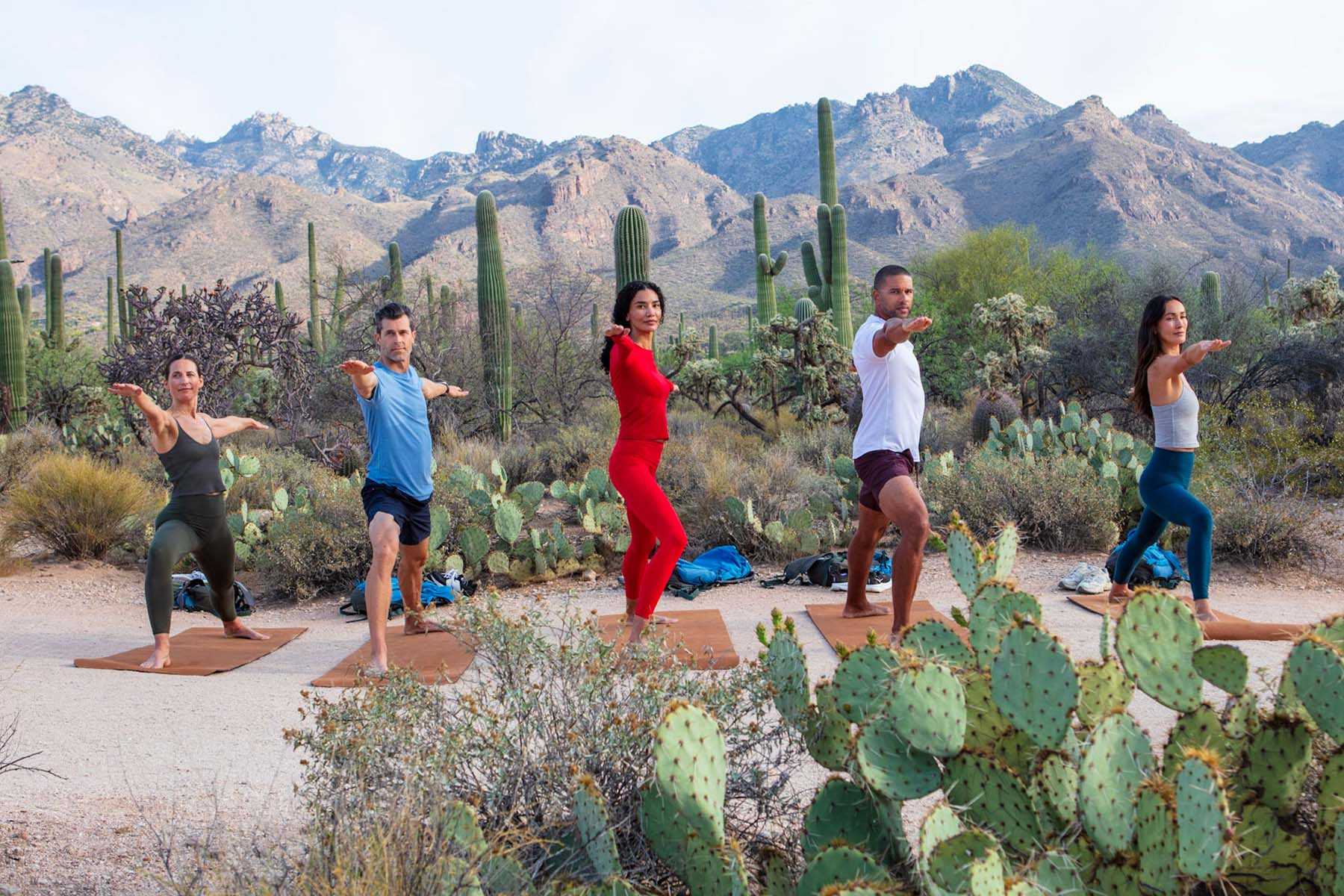 a group of people doing yoga in the Sonoran Desert