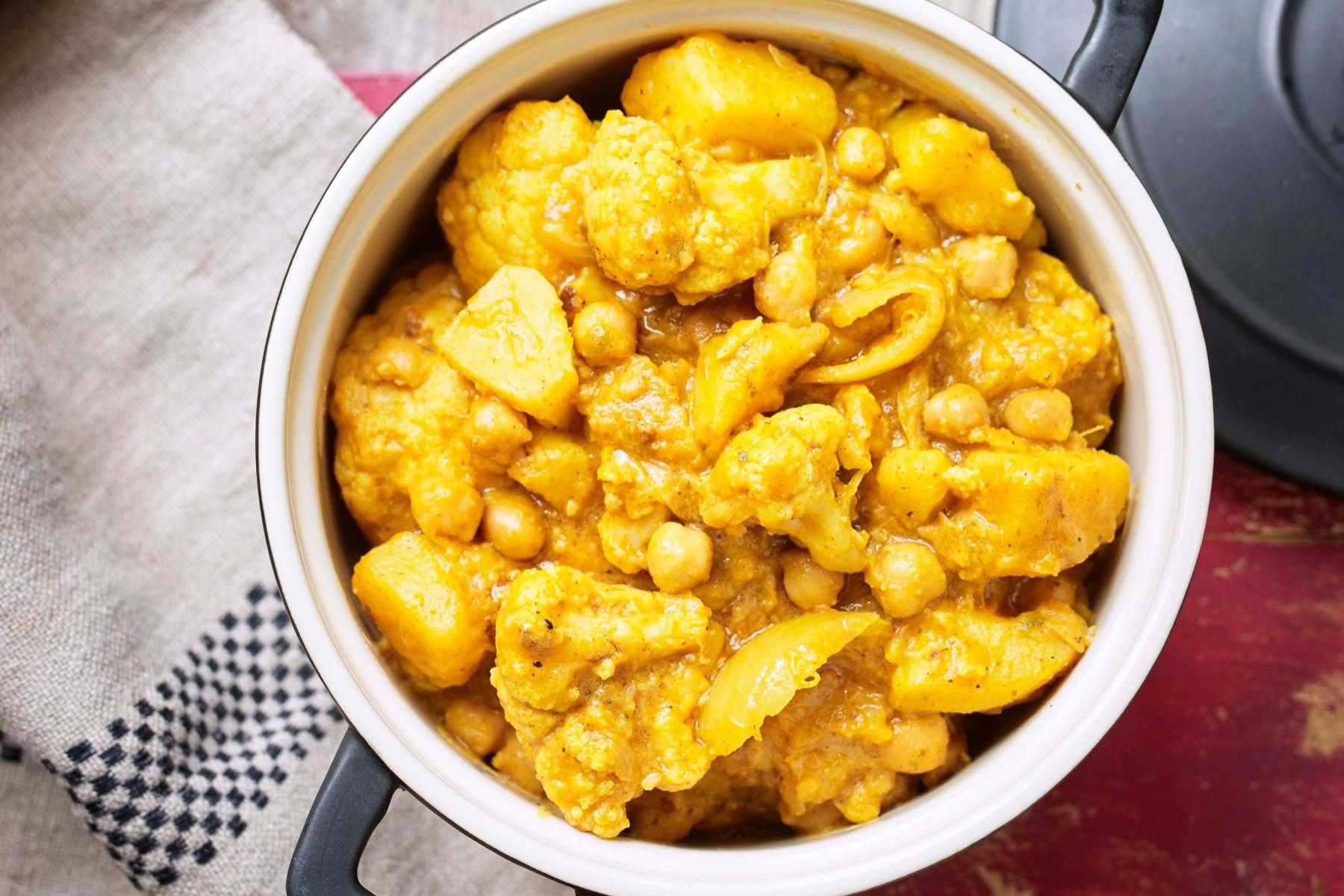 Overhead view of a bowl of spicy cured cauliflower.