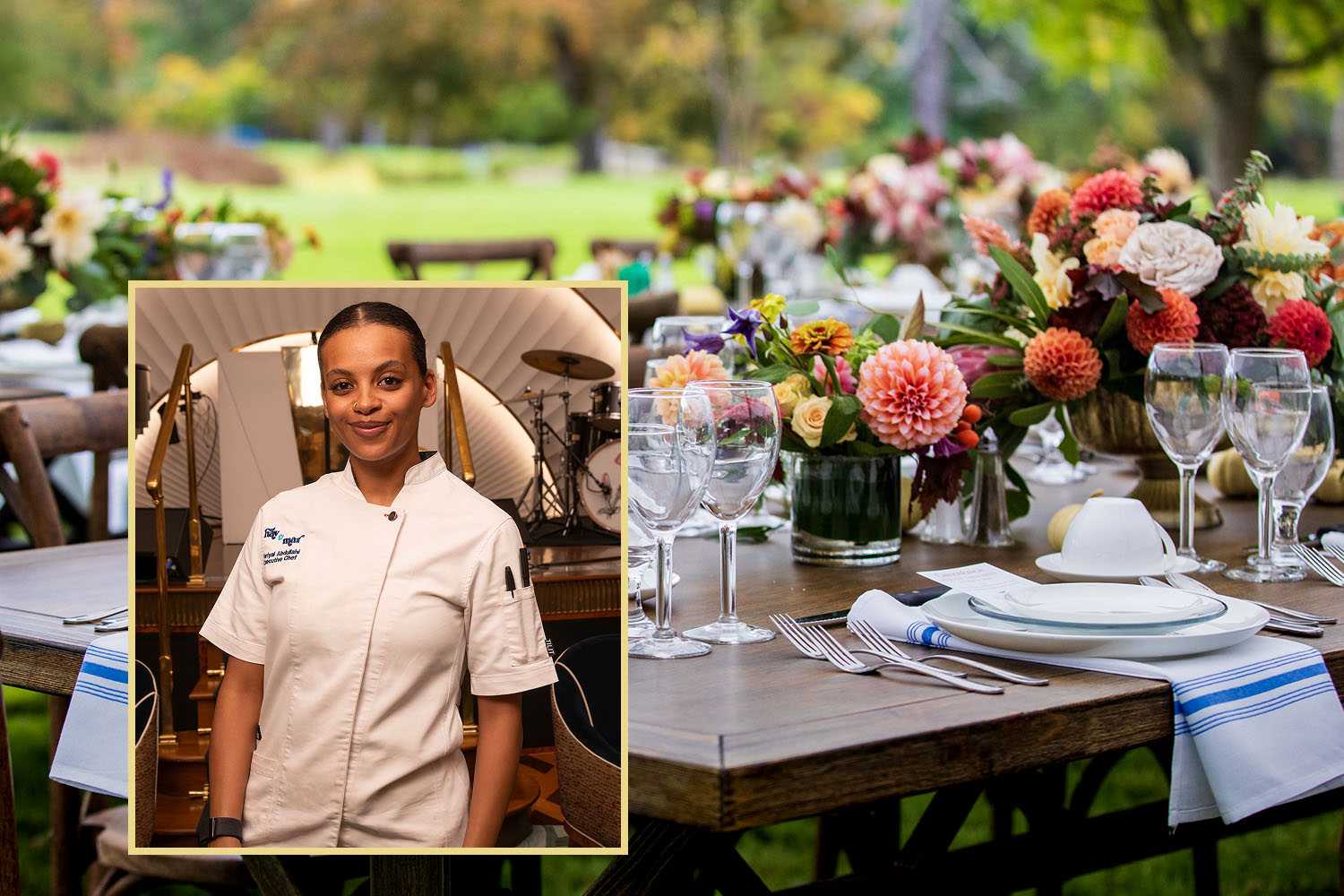 A picture of the Great Lawn at Canyon Ranch Lenox with an inlay image of Fariyal Abdullahi