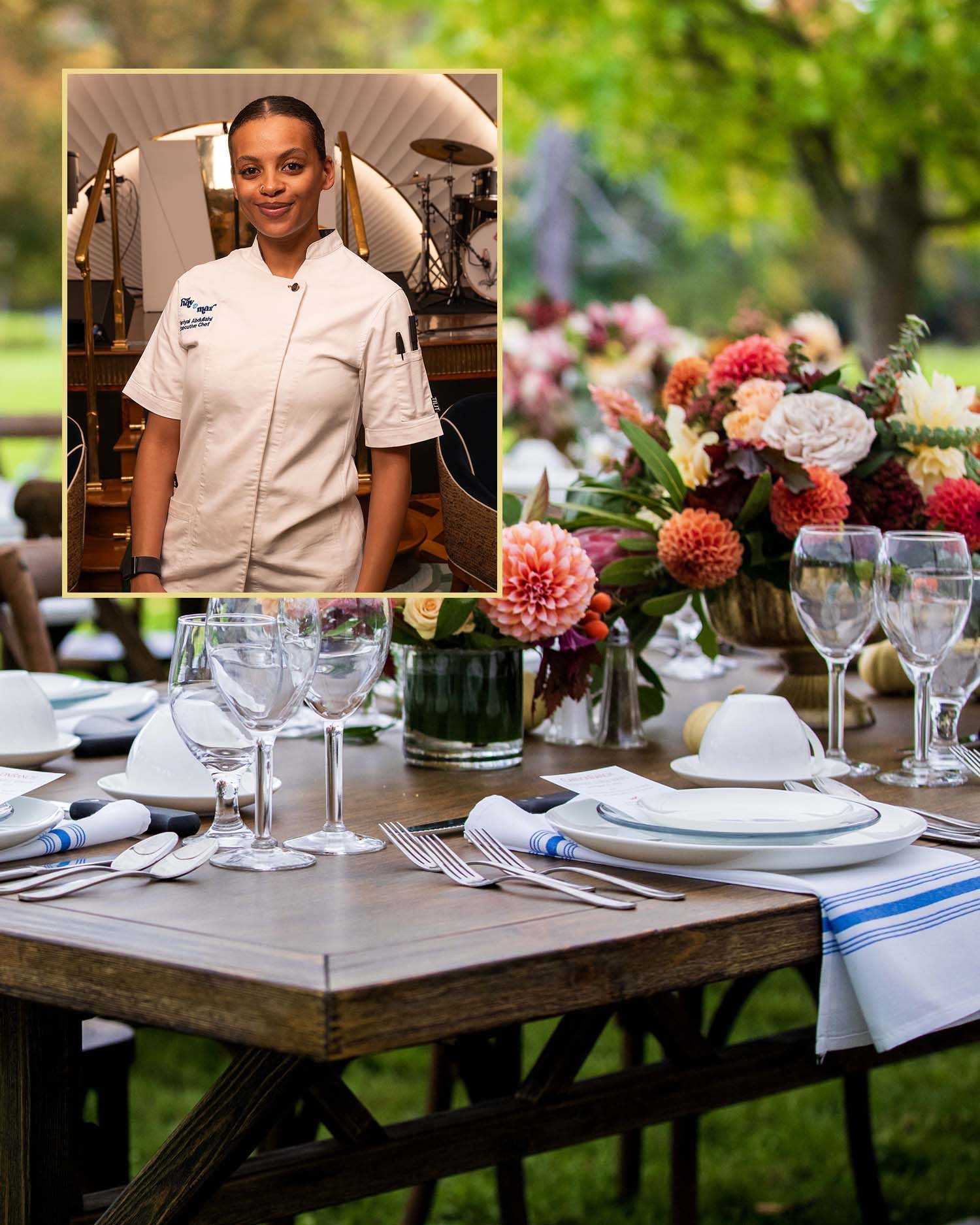 A picture of the Great Lawn at Canyon Ranch Lenox with an inlay image of Fariyal Abdullahi