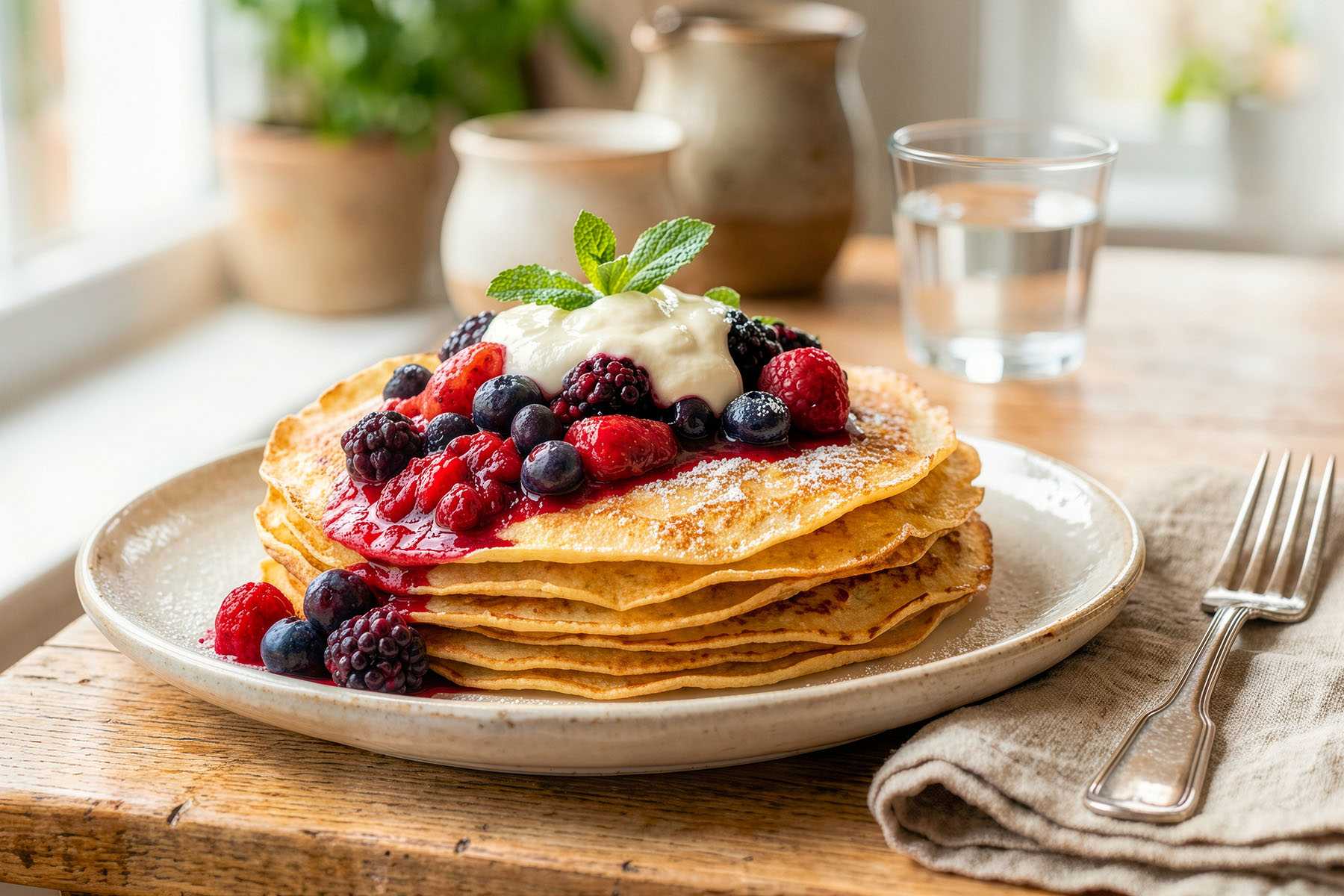a stack of pancakes with different berries on top