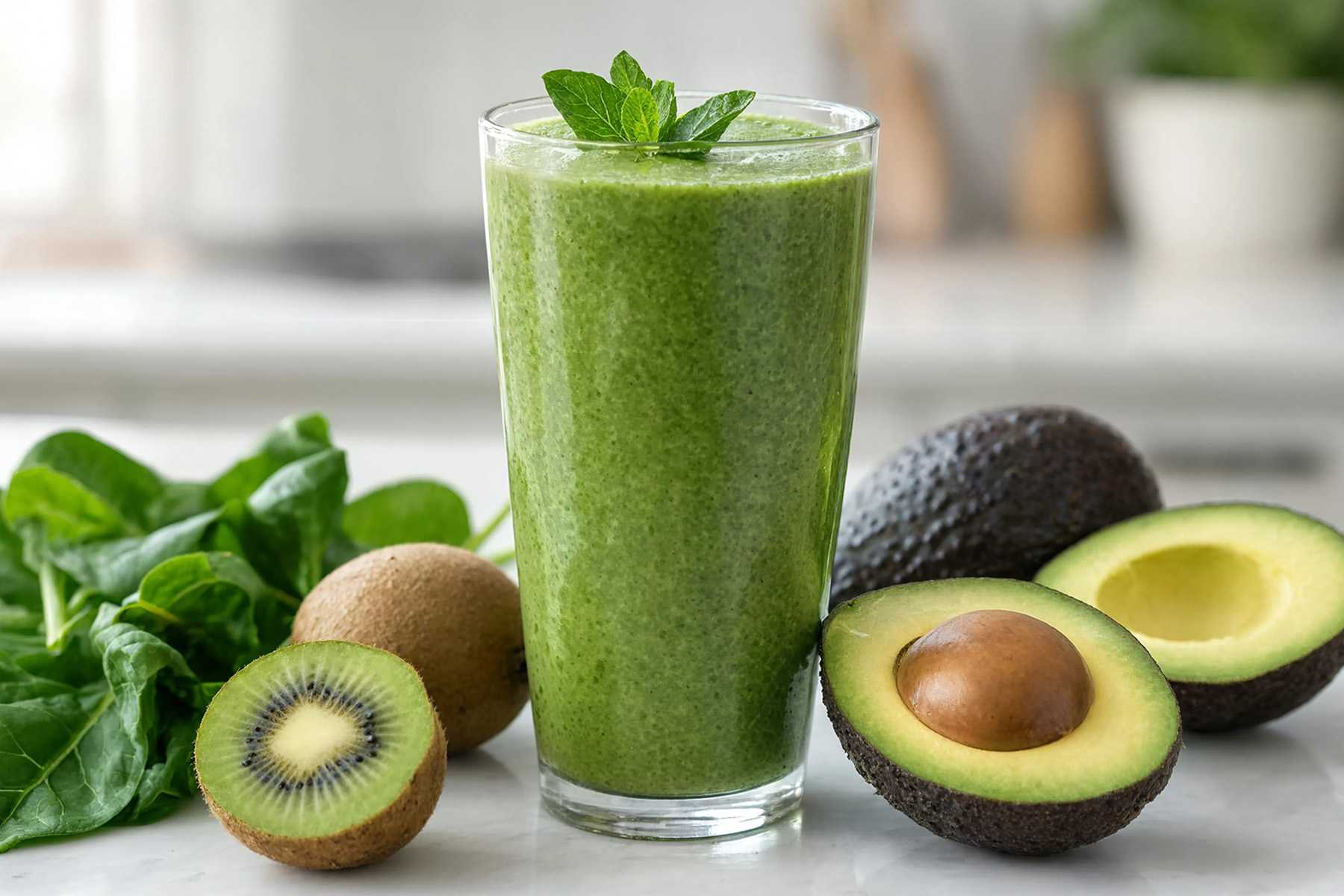 a smoothie next to a pile of Kiwi and Avacado