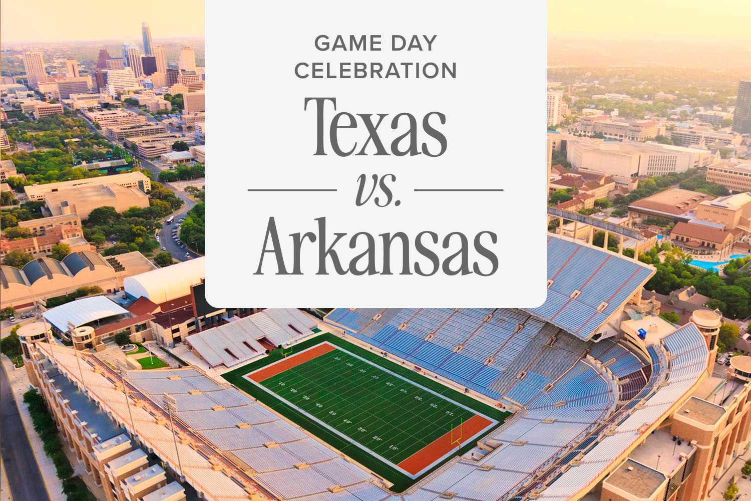 a woman standing in a football stadium cheering with a graphic that says "Texas Vs. Arkansas"