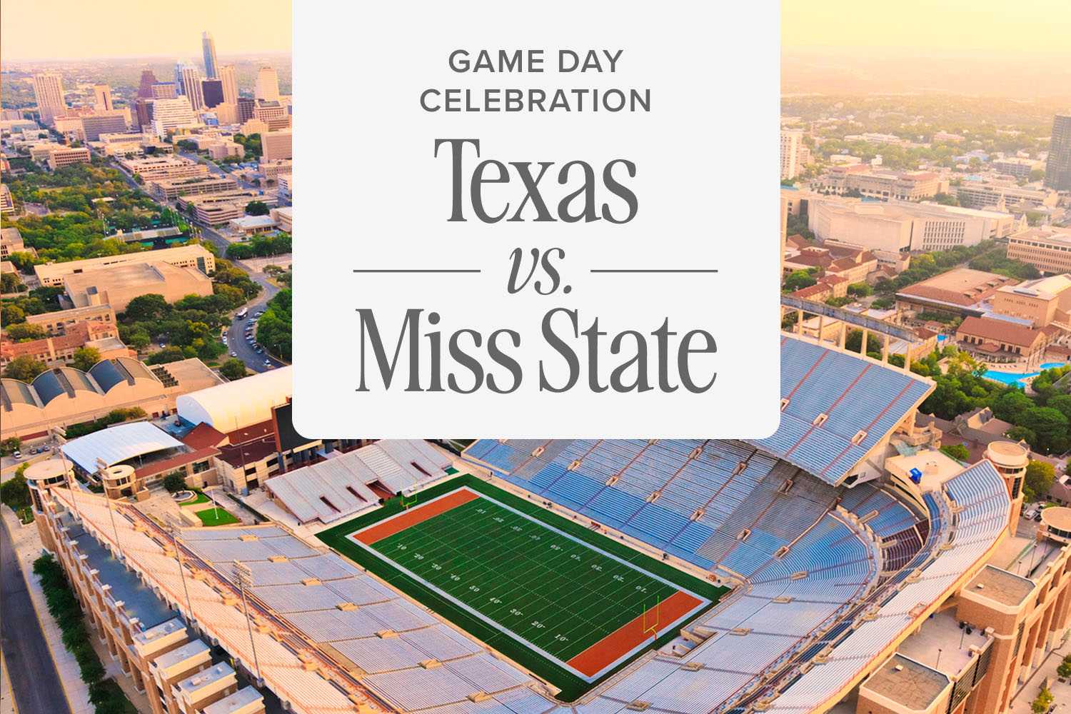 the Texas University Football Stadium with a graphic over that says "Texas VS. Miss. State