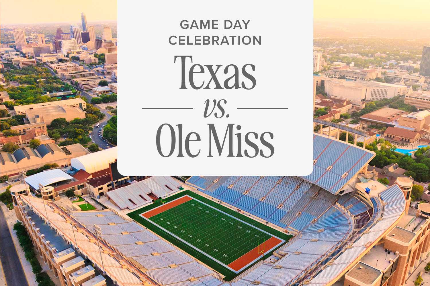 The Texas University Stadium with a copy component over it that says "Texas. Vs. Ole Miss"