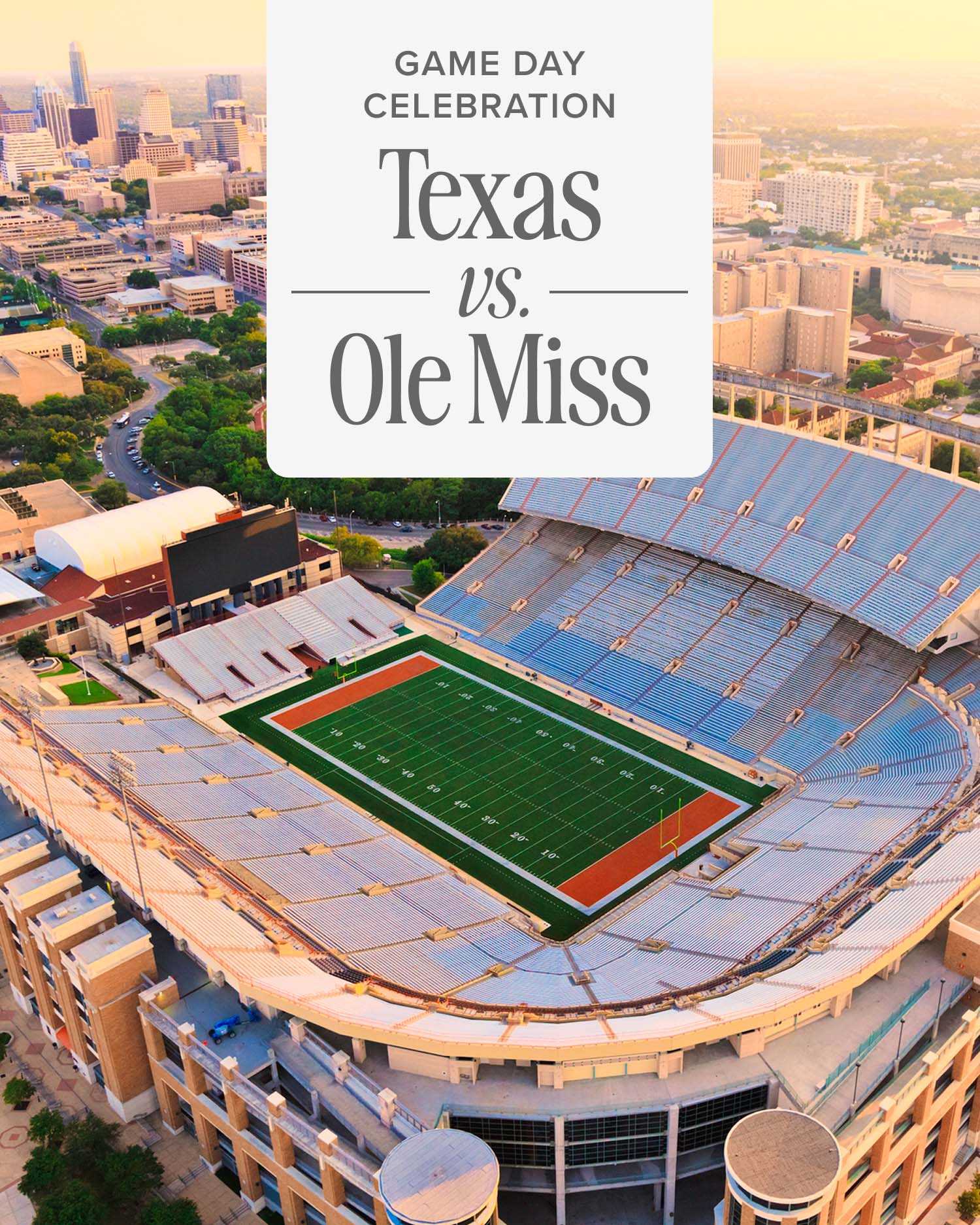 The Texas University Stadium with a copy component over it that says "Texas. Vs. Ole Miss"