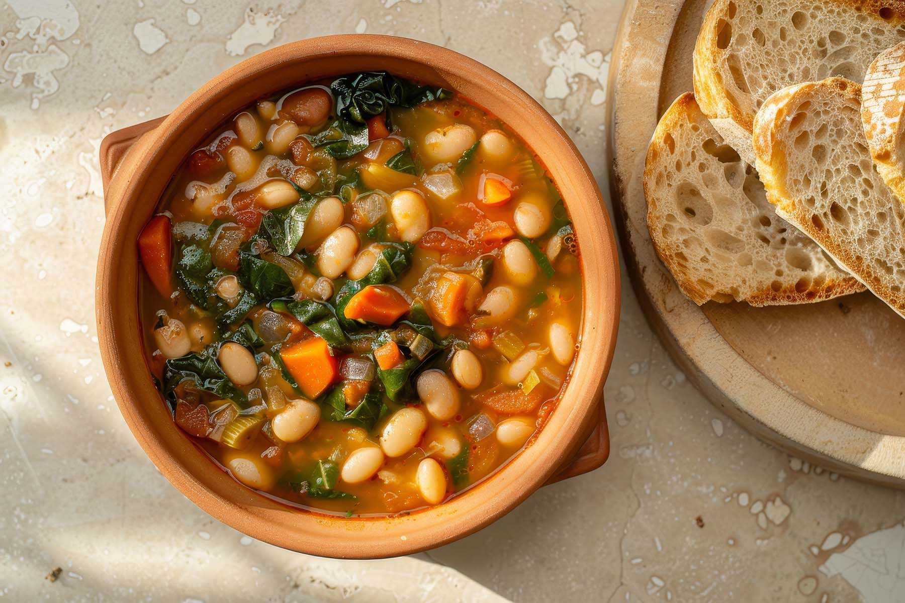 A Bowl With Lemon Chicken, Artichoke & White Bean Soup Served With Toasted Bread