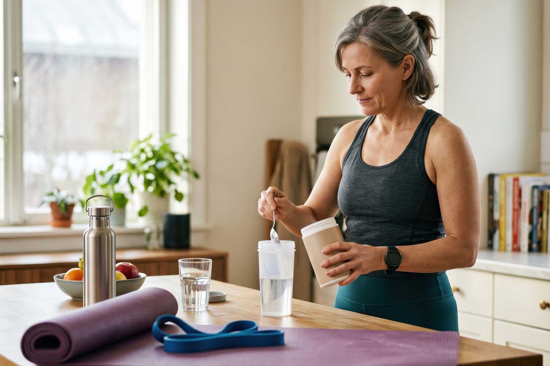 A woman preparing a wellness drink post workout